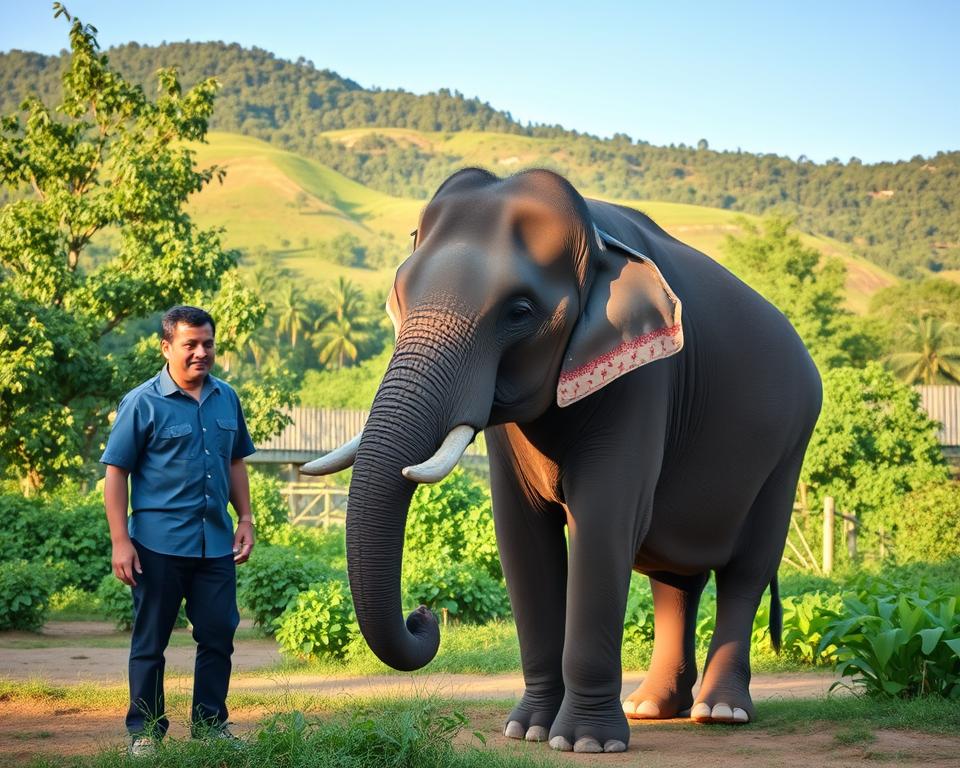 A serene scene at the Elefanten Sanctuary in Chiang Mai, showcasing a lush green landscape under the warm afternoon light. In the foreground, a gentle Asian elephant stands beside a caretaker dressed in modest, casual clothing, interacting in a compassionate and respectful manner. The middle ground features a variety of trees and plants native to Thailand, creating a natural environment. In the background, rolling hills and a clear blue sky emphasize the tranquility of the sanctuary. The image is softly illuminated, highlighting the rich textures of the elephant's skin and the flourishing foliage, evoking a mood of harmony and ethical interaction between humans and wildlife. Use a slightly low angle to capture the elephant’s majesty against the scenic backdrop. A serene scene at the Elefanten Sanctuary in Chiang Mai, showcasing a lush green landscape under the warm afternoon light. In the foreground, a gentle Asian elephant stands beside a caretaker dressed in modest, casual clothing, interacting in a compassionate and respectful manner. The middle ground features a variety of trees and plants native to Thailand, creating a natural environment. In the background, rolling hills and a clear blue sky emphasize the tranquility of the sanctuary. The image is softly illuminated, highlighting the rich textures of the elephant's skin and the flourishing foliage, evoking a mood of harmony and ethical interaction between humans and wildlife. Use a slightly low angle to capture the elephant’s majesty against the scenic backdrop.