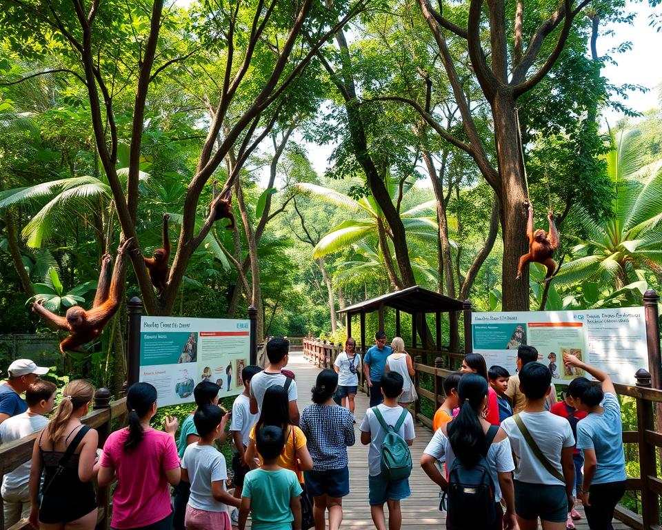 A serene scene at the Sepilok Orangutan Rehabilitation Centre in Malaysia, designed to inform visitors about the facility. In the foreground, a diverse group of visitors, including families and children, observe orangutans swinging playfully among lush green trees. The middle ground features wooden walkways with informative signs about the orangutans and the center's mission, set against a backdrop of vibrant jungle foliage. Soft, natural lighting filters through the trees, creating a warm and inviting atmosphere, while gentle shadows add depth. The image should convey a sense of wonder and connection to nature, capturing the beauty of this unique rehabilitation center. Use a wide-angle lens to encapsulate the lush environment and active orangutans, emphasizing an immersive experience for the viewers.