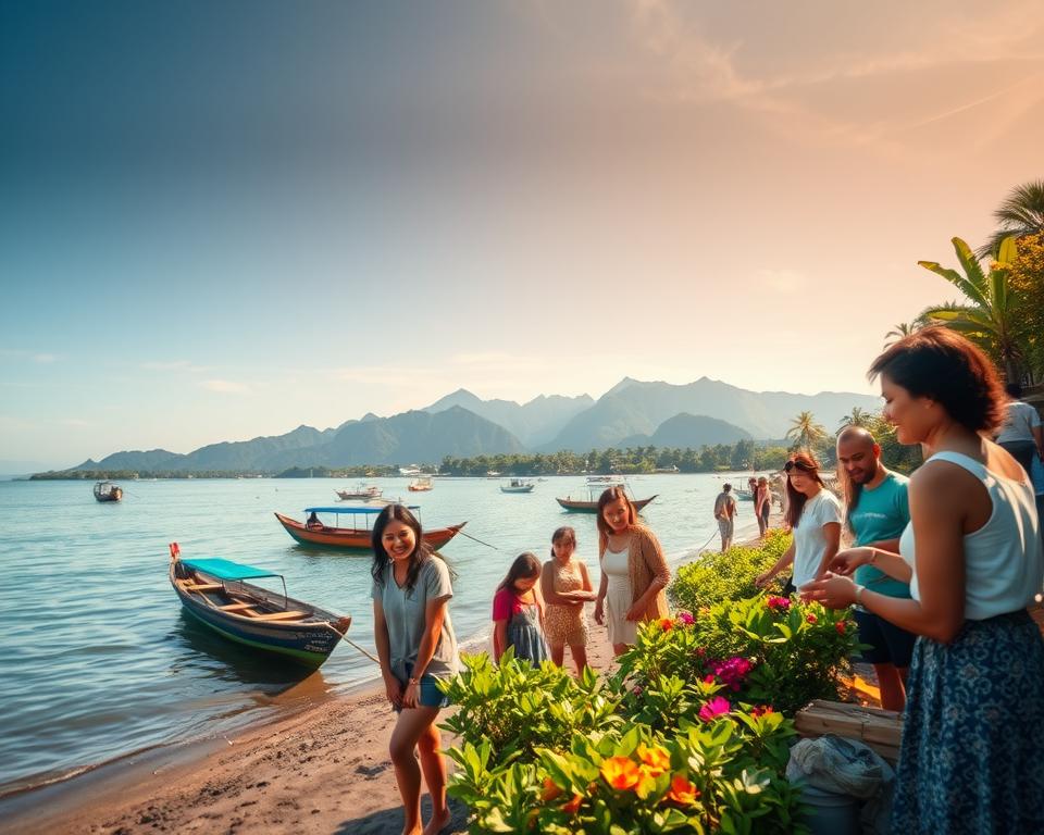 A serene scene capturing sustainable tourism in Lovina, Indonesia. In the foreground, a small group of tourists in modest casual clothing engage in eco-friendly activities, such as planting mangroves or participating in a beach cleanup, with smiling faces. The middle features traditional Balinese fishing boats gently bobbing on calm waters, surrounded by lush greenery and vibrant flowers. In the background, the majestic mountains of Bali rise under a clear blue sky, with soft, diffused lighting creating a warm atmosphere. The angle is a slight aerial view, showcasing the beauty of a pristine beach and emphasizing the harmonious coexistence of nature and responsible tourism. Aim for a peaceful and inviting mood, reflecting Lovina’s dedication to sustainability.