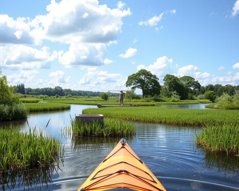 A serene scene capturing the essence of "Kajak De Biesbosch," showcasing a tranquil wetland landscape teeming with lush greenery and winding waterways. In the foreground, a vibrant kayak glides gently across the calm water, its paddle creating delicate ripples. In the middle ground, clusters of reeds sway softly in the breeze, framing a small, shaded wooden dock where a person in a modest casual outfit prepares to embark on an adventure. The background features a picturesque horizon of dense, leafy trees under a clear blue sky with fluffy white clouds, creating a sense of peace and exploration. The lighting is bright and inviting, casting soft reflections on the water's surface, evoking a joyful and adventurous atmosphere suitable for discovering the beauty of the national park.