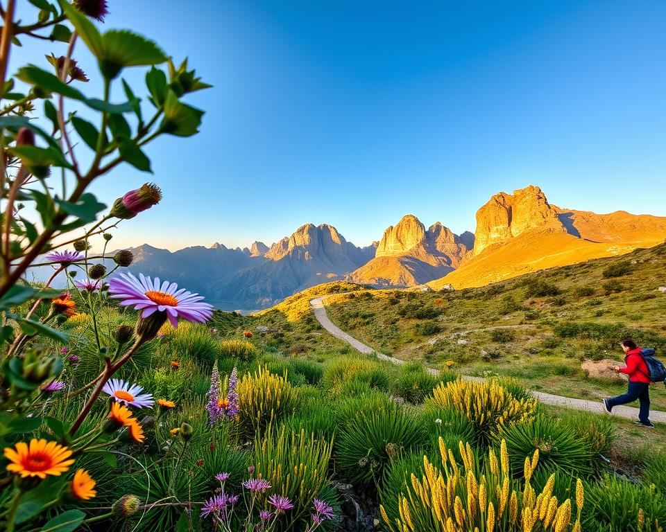 A serene scene capturing the essence of Pico Europa National Park in Spain, showcasing its lush greenery, rugged mountains, and diverse wildlife. In the foreground, display a detailed close-up of vibrant flora, featuring colorful wildflowers and unique plants typical of the region. The middle ground should include a winding trail leading into the park, where modestly dressed hikers can be seen enjoying the natural beauty. In the background, depict the towering peaks of the mountains bathed in warm, golden sunlight, with a clear blue sky overhead. The atmosphere should evoke a sense of tranquility and adventure, emphasizing the park’s unspoiled nature. Use a wide-angle lens to capture the expansive landscape, emphasizing depth and scale.