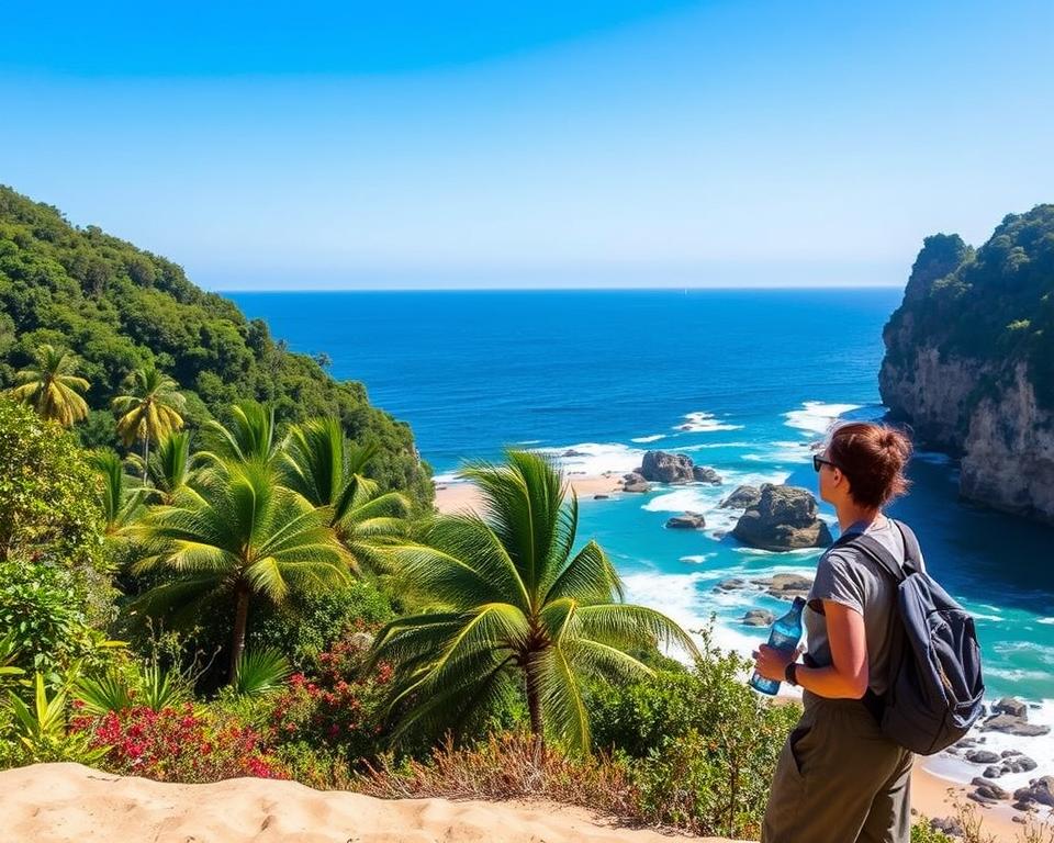 A serene scene depicting Tayrona National Park, showcasing its lush, tropical rainforest intersecting with sandy beaches and rocky coastlines. In the foreground, a traveler dressed in casual, modest clothing observes the landscape while holding a water bottle, symbolizing responsible travel. In the middle ground, vibrant green palm trees sway gently in the breeze, alongside colorful native flora. The background features a dramatic cliffside with turquoise waters crashing against the rocks under a bright, clear blue sky. Soft, natural lighting enhances the scene, casting gentle shadows. The atmosphere is peaceful and inviting, emphasizing a connection with nature, sustainability, and respect for the environment during outdoor adventures.