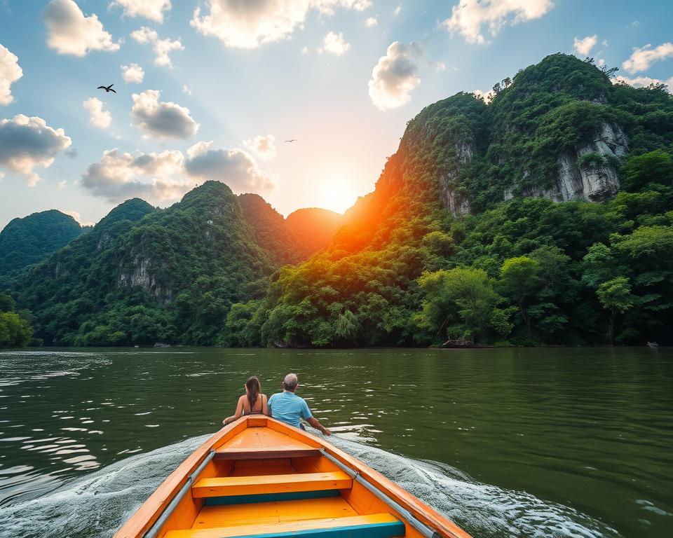 A serene scene depicting a boat ride along the Son River in Phong Nha-Ke Bang National Park, Vietnam. In the foreground, a brightly colored wooden boat with tourists dressed in casual attire glides smoothly over the water. The middle ground features lush, verdant hills adorned with dense, tropical foliage and limestone karsts emerging dramatically from the landscape. Birds can be seen in flight, adding a sense of life and movement. In the background, the sun casts a warm golden glow through scattered clouds, illuminating the tranquil river and creating gentle ripples on the water surface. The atmosphere is peaceful and adventurous, capturing the essence of water sports and activities in this stunning natural setting. The scene is framed with a wide-angle view that invites the viewer into the immersive beauty of Vietnam's nature.
