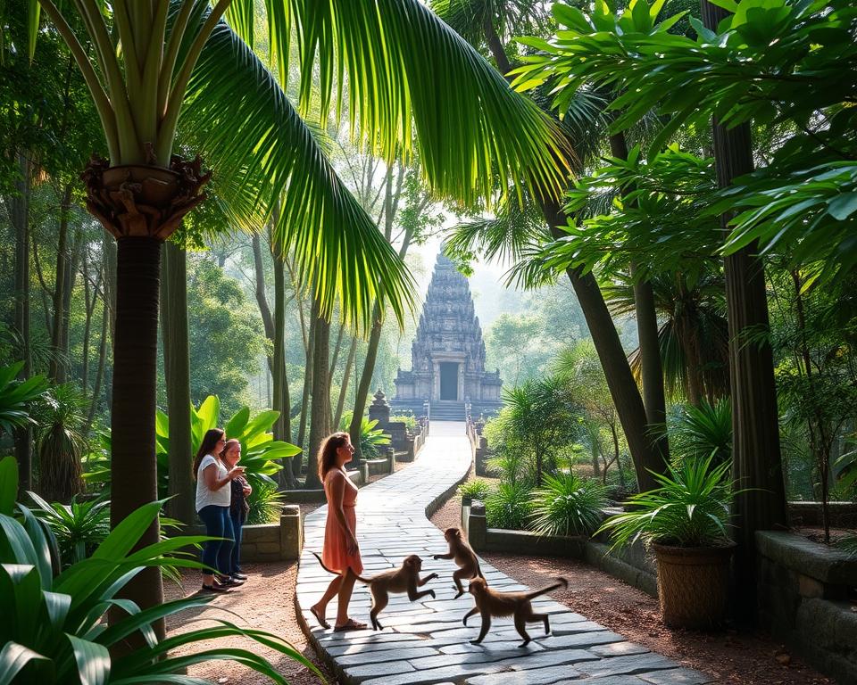 A serene scene depicting a guided tour through the Sangeh Monkey Forest in Bali, showcasing lush tropical vegetation with vibrant green leaves and towering palm trees in the foreground. A small group of visitors, dressed in modest casual clothing, interacts with playful monkeys jumping around them. In the middle ground, a winding stone path meanders through the forest, highlighted by soft, dappled sunlight filtering through the canopy. In the background, ancient temple structures can be glimpsed partially hidden by foliage, adding charm and cultural significance. The atmosphere is tranquil and inviting, with a rich palette of earthy tones and bright greens, emphasizing the natural beauty and wildlife of the forest. The scene is captured from a slightly elevated angle to reveal both the forest's depth and the delightful interaction between people and monkeys. A serene scene depicting a guided tour through the Sangeh Monkey Forest in Bali, showcasing lush tropical vegetation with vibrant green leaves and towering palm trees in the foreground. A small group of visitors, dressed in modest casual clothing, interacts with playful monkeys jumping around them. In the middle ground, a winding stone path meanders through the forest, highlighted by soft, dappled sunlight filtering through the canopy. In the background, ancient temple structures can be glimpsed partially hidden by foliage, adding charm and cultural significance. The atmosphere is tranquil and inviting, with a rich palette of earthy tones and bright greens, emphasizing the natural beauty and wildlife of the forest. The scene is captured from a slightly elevated angle to reveal both the forest's depth and the delightful interaction between people and monkeys.