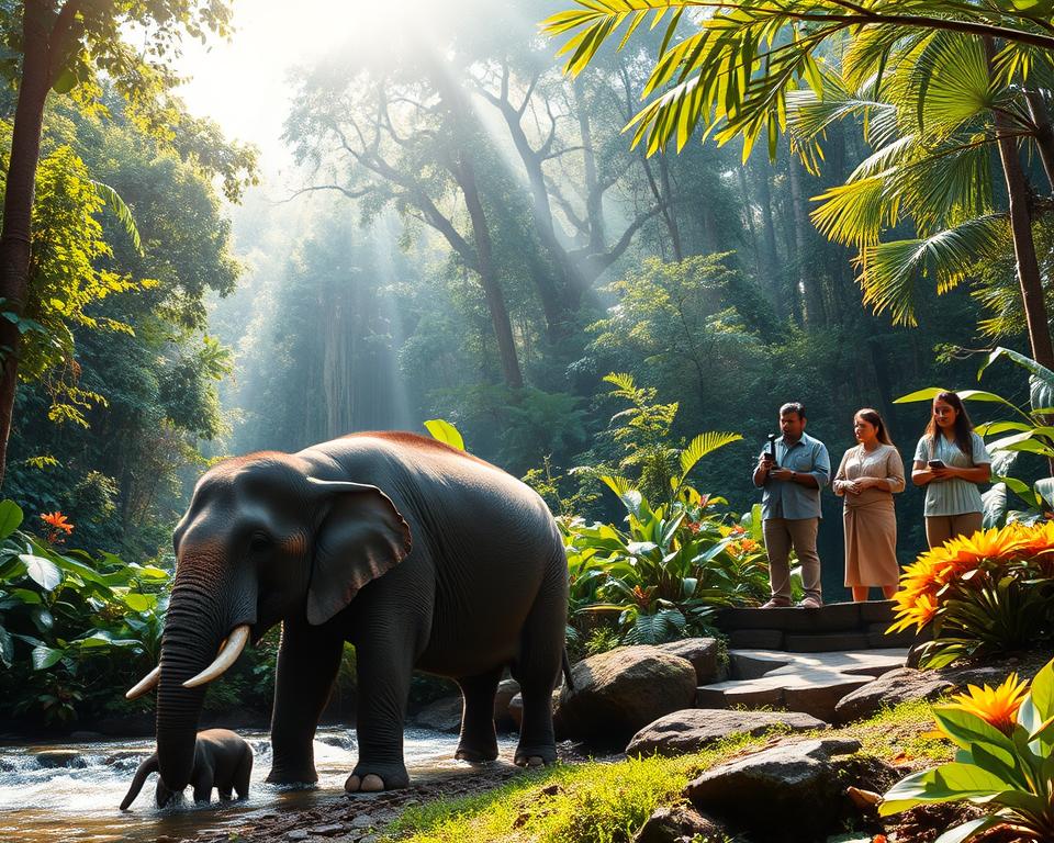 A serene scene depicting a lush, green Sumatra jungle, filled with towering trees and dense foliage. In the foreground, a gentle elephant family – a mother and her calf – graze peacefully near a flowing stream, their skin textured and realistic. In the middle ground, a dedicated team of conservationists, dressed in professional, modest attire, observe and document the elephants, showcasing their commitment to wildlife protection. The background features the vibrant colors of tropical flowers, bathed in warm, natural sunlight streaming through the leaves, casting dappled shadows on the ground. The atmosphere is calm and hopeful, symbolizing harmony between nature and human efforts in conservation. The image captures the essence of local protection efforts and the majestic beauty of Sumatran elephants. A serene scene depicting a lush, green Sumatra jungle, filled with towering trees and dense foliage. In the foreground, a gentle elephant family – a mother and her calf – graze peacefully near a flowing stream, their skin textured and realistic. In the middle ground, a dedicated team of conservationists, dressed in professional, modest attire, observe and document the elephants, showcasing their commitment to wildlife protection. The background features the vibrant colors of tropical flowers, bathed in warm, natural sunlight streaming through the leaves, casting dappled shadows on the ground. The atmosphere is calm and hopeful, symbolizing harmony between nature and human efforts in conservation. The image captures the essence of local protection efforts and the majestic beauty of Sumatran elephants.