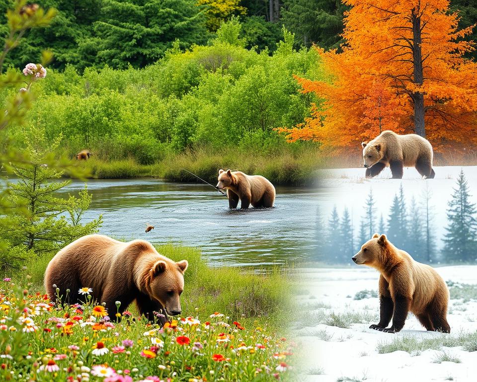 A serene scene depicting bear observation across the four seasons in Sweden. In the foreground, a majestic brown bear roams through vibrant, blossoming wildflowers in spring, with bees buzzing around. Transitioning into the middle, a lush, green summer landscape shows a bear fishing in a crystal-clear stream, surrounded by dense foliage. Beyond, in the background, colorful autumn leaves create a warm, golden aura where a bear forages for berries. Finally, in winter's embrace, a solitary bear trudges through a snowy landscape, soft flakes falling around. The composition should utilize natural light to enhance the soft colors of each season, with a slight depth of field effect to draw attention to the bears. The overall mood is peaceful, capturing the beauty of nature and the majestic wildlife of Sweden throughout the year. A serene scene depicting bear observation across the four seasons in Sweden. In the foreground, a majestic brown bear roams through vibrant, blossoming wildflowers in spring, with bees buzzing around. Transitioning into the middle, a lush, green summer landscape shows a bear fishing in a crystal-clear stream, surrounded by dense foliage. Beyond, in the background, colorful autumn leaves create a warm, golden aura where a bear forages for berries. Finally, in winter's embrace, a solitary bear trudges through a snowy landscape, soft flakes falling around. The composition should utilize natural light to enhance the soft colors of each season, with a slight depth of field effect to draw attention to the bears. The overall mood is peaceful, capturing the beauty of nature and the majestic wildlife of Sweden throughout the year.