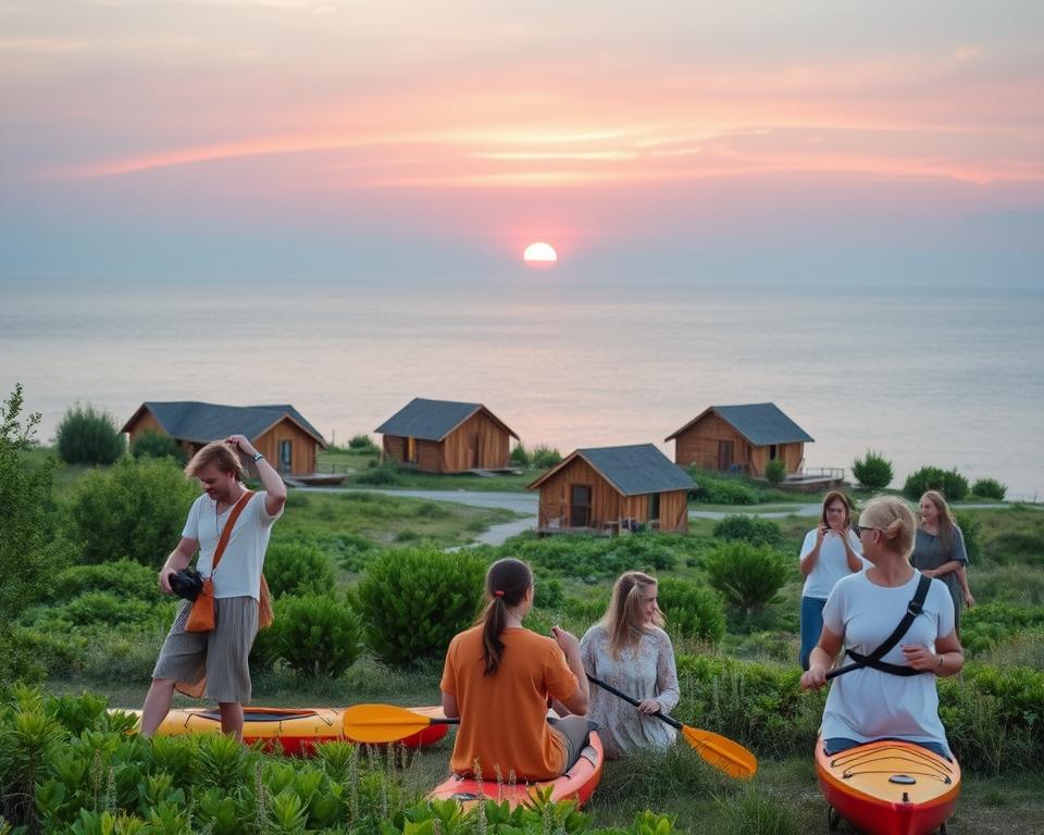 A serene scene depicting sustainable travel around the White Sea, showcasing a vibrant coastal landscape. In the foreground, a diverse group of travelers dressed in modest casual clothing is engaged in eco-friendly activities, such as kayaking and photographing nature. The middle ground features lush greenery and eco-friendly accommodations made from natural materials, seamlessly blending with the environment. In the background, the calm White Sea reflects a beautiful sunset, with soft pink and orange hues illuminating the sky. The lighting is warm and inviting, casting gentle shadows on the landscape. This composition emphasizes harmony between humans and nature, conveying a mood of tranquility and environmental consciousness. A serene scene depicting sustainable travel around the White Sea, showcasing a vibrant coastal landscape. In the foreground, a diverse group of travelers dressed in modest casual clothing is engaged in eco-friendly activities, such as kayaking and photographing nature. The middle ground features lush greenery and eco-friendly accommodations made from natural materials, seamlessly blending with the environment. In the background, the calm White Sea reflects a beautiful sunset, with soft pink and orange hues illuminating the sky. The lighting is warm and inviting, casting gentle shadows on the landscape. This composition emphasizes harmony between humans and nature, conveying a mood of tranquility and environmental consciousness.