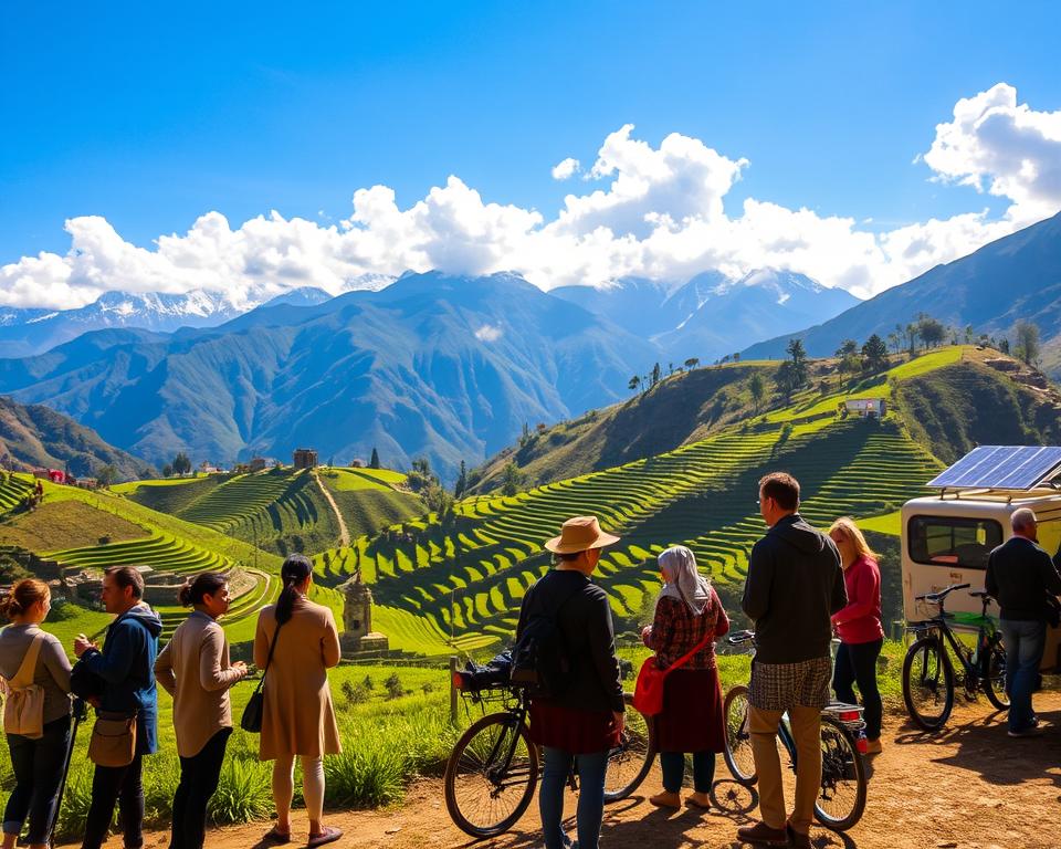 A serene scene depicting sustainable travel in Peru's Sacred Valley. In the foreground, a diverse group of travelers, all wearing modest, casual clothing, engage with local artisans, showcasing traditional crafts. The middle ground features lush green terraces typical of the valley, with eco-friendly transportation options like bicycles and solar-powered vehicles. The background reveals majestic, snow-capped peaks under a brilliant blue sky, with soft, warm sunlight casting gentle shadows. The atmosphere is tranquil and harmonious, reflecting a connection with nature and local culture. The composition is captured from a slightly elevated angle, providing a panoramic view that emphasizes the beauty of sustainable tourism.
