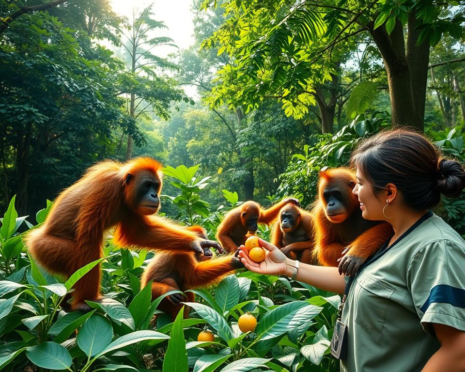 A serene scene depicting the feeding of orangutans at the Sepilok Orangutan Rehabilitation Centre in Malaysia. In the foreground, a caregiver in modest casual clothing is gently offering fresh fruits to an inquisitive orangutan, showcasing its vibrant orange fur and intelligent gaze. The middle ground features several other orangutans playfully interacting with each other among lush green foliage and tropical plants, creating a lively atmosphere. In the background, dense rainforest canopies are interspersed with dappled sunlight filtering through, casting a warm glow on the scene. Capture this moment with a soft focus lens, highlighting the intimate connection between humans and wildlife, while evoking a sense of compassion and conservation in the air. The overall mood is vibrant, warm, and uplifting, celebrating the beauty of nature and the rehabilitation efforts for these magnificent creatures.