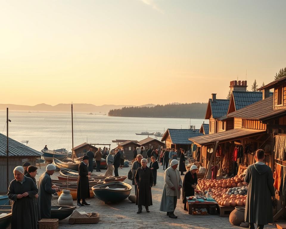 A serene scene depicting the historical and cultural essence of the White Sea, showcasing a traditional coastal settlement with wooden houses and fishing boats. In the foreground, a group of diverse people in modest casual clothing engaged in traditional activities such as fishing and preparing local crafts, embodying the spirit of community and heritage. In the middle ground, an old marketplace bustling with vendors selling unique local goods like handmade textiles and traditional pottery. The background reveals the tranquil waters of the White Sea, with distant hills and pine forests under a soft, golden sunset, casting a warm glow over the scene. The atmosphere is peaceful yet vibrant, invoking a sense of exploration and connection to the region's rich history and traditions. The perspective is slightly elevated, capturing the entire landscape in a wide-angle view that emphasizes depth and detail. A serene scene depicting the historical and cultural essence of the White Sea, showcasing a traditional coastal settlement with wooden houses and fishing boats. In the foreground, a group of diverse people in modest casual clothing engaged in traditional activities such as fishing and preparing local crafts, embodying the spirit of community and heritage. In the middle ground, an old marketplace bustling with vendors selling unique local goods like handmade textiles and traditional pottery. The background reveals the tranquil waters of the White Sea, with distant hills and pine forests under a soft, golden sunset, casting a warm glow over the scene. The atmosphere is peaceful yet vibrant, invoking a sense of exploration and connection to the region's rich history and traditions. The perspective is slightly elevated, capturing the entire landscape in a wide-angle view that emphasizes depth and detail.