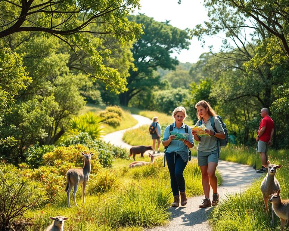 A serene scene depicting the natural beauty of Noosa National Park, Australia, showcasing a well-maintained walking path winding through lush green trees and vibrant, colorful vegetation. In the foreground, a pair of hikers in modest casual clothing consult a map, appearing attentive and focused on their surroundings. The middle ground features a variety of native plants and wildlife, emphasizing the park's rich biodiversity. In the background, a sunny sky filters through the treetops, casting dappled light on the scene, creating a warm and inviting atmosphere. The image captures a sense of exploration and adventure while subtly highlighting safety and awareness in nature. Use soft lighting to enhance the peaceful mood, with a slight depth of field to emphasize the foreground hikers.