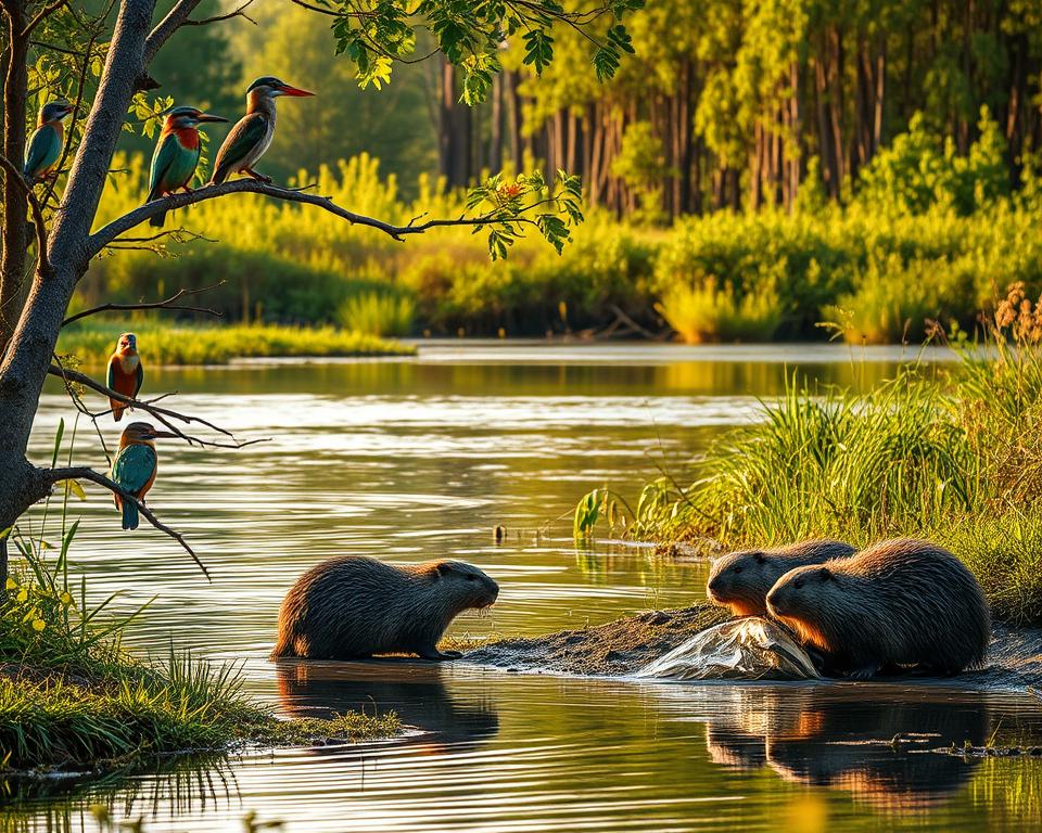 A serene scene depicting the rich fauna of the Biesbosch National Park, focusing on a lush, green wetland landscape. In the foreground, show a few curious beavers, busy building a dam near the water's edge, their fur glistening in the soft afternoon light. To the left, a variety of colorful birds like herons and kingfishers are gracefully perched on tree branches, their vibrant feathers contrasting with the greenery. In the middle ground, gentle ripples disturb the surface of the water, reflecting the surrounding foliage. The background features a dense forest of willow and poplar trees, bathed in warm golden light. The overall atmosphere is calm and picturesque, evoking a sense of tranquility and the beauty of wildlife in its natural habitat.