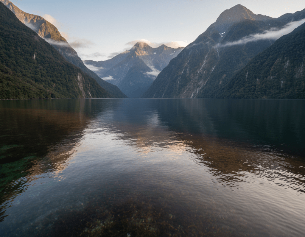 A serene scene depicting the unique water of Doubtful Sound. In the foreground, create a close-up of crystal-clear freshwater rippling gently, reflecting soft hues of blue and green. The middle ground should showcase the tannin-colored sea, with rich, earthy tones blending seamlessly into the fresh water, hinting at the rich organic matter that colors it. In the background, the majestic fjord rises, surrounded by lush green mountains, shrouded in mist, to evoke a sense of mystery. The lighting is soft, suggesting early morning light, with a calm atmosphere. Capture the tranquility of the scene with a wide-angle perspective that invites the viewer to immerse themselves in the beauty of this unique water ecosystem.