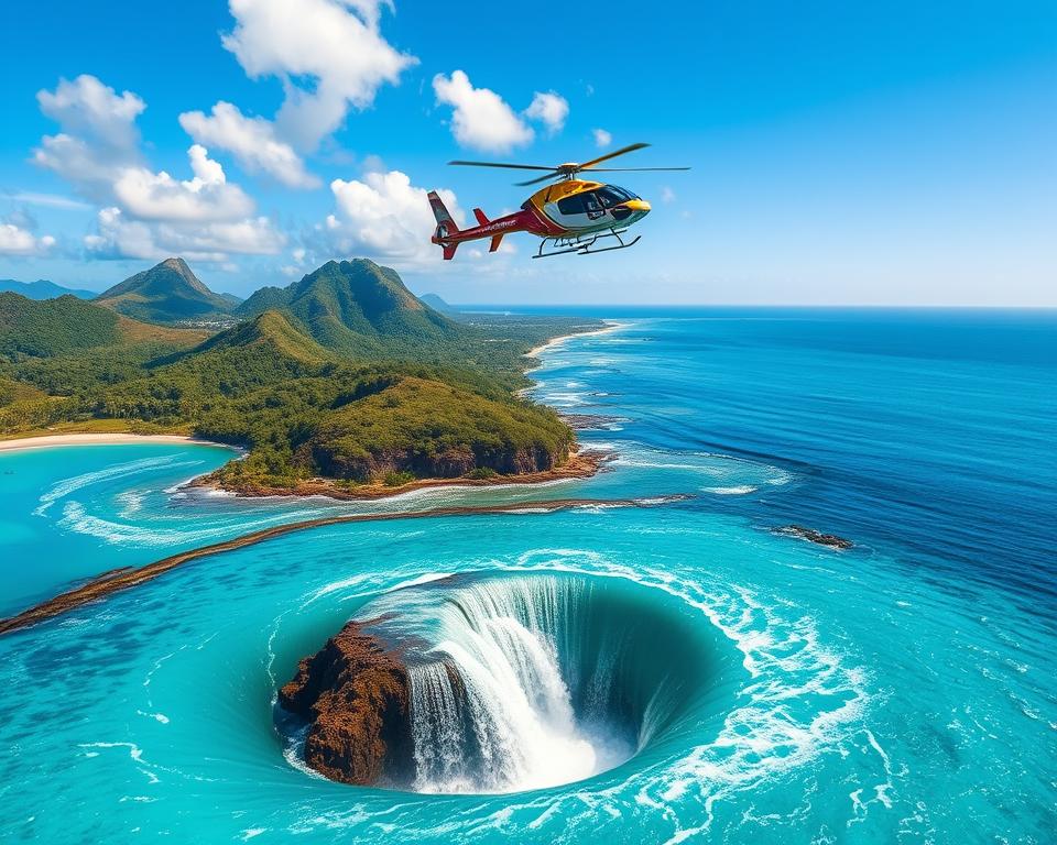 A serene scene featuring a safety helicopter flying over the breathtaking underwater waterfall in Mauritius. In the foreground, vibrant turquoise waters swirl dramatically, creating the illusion of a cascading waterfall beneath the surface. The helicopter, equipped with emergency safety gear and marked with bright safety colors, hovers gracefully above, capturing the viewer's attention. In the middle ground, lush green coastline stretches along the island, dotted with tropical trees and sandy beaches. The background showcases a clear blue sky with soft, fluffy clouds, illuminating the scene with warm, natural light. The overall mood is peaceful yet thrilling, evoking a sense of adventure and safety for those considering scenic flights over this stunning natural phenomenon.