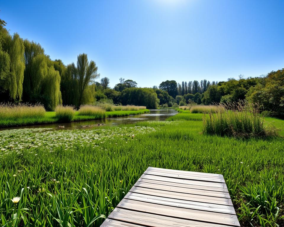 A serene scene in National Park De Biesbosch, showcasing a lush wetland landscape. In the foreground, a wooden boardwalk leads into the vibrant greenery, bordered by delicate water lilies and reeds, reflecting a commitment to nature preservation. The middle ground features a tranquil waterway meandering through the park, with a family of ducks gliding peacefully across the surface. In the background, dense forests of willow and poplar trees tower under a clear blue sky, with soft sunlight filtering through the leaves, casting dappled shadows on the ground. The atmosphere is calm and inviting, emphasizing sustainable exploration and respect for nature. Capture the essence of this natural haven, evoking a sense of tranquility and harmony with the environment.