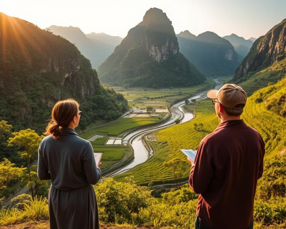 A serene scene in Ninh Binh, Vietnam, focusing on the stunning Mua Caves surrounded by lush green landscapes. In the foreground, a modestly dressed couple is thoughtfully exploring the area, observing nature and taking notes on sustainable travel practices. In the middle ground, a majestic limestone mountain looms above, partially covered with rich vegetation, while a winding river reflects the gentle sunlight. The background features rice paddies, their vibrant green contrasting with the rocky terrain. Soft, golden hour lighting bathes the scene, creating an inviting and tranquil atmosphere. Capture this moment from a slight aerial perspective that emphasizes both the natural beauty and the sustainable tourism efforts in this enchanting region.