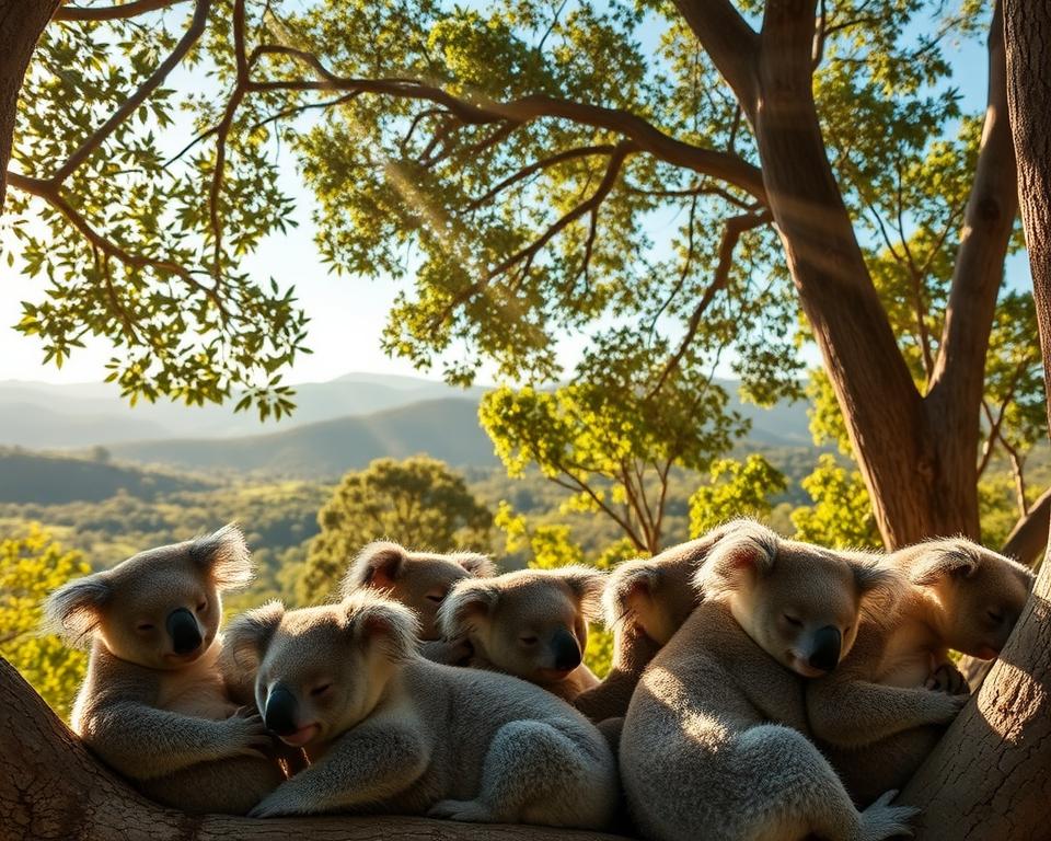 A serene scene in Noosa National Park, showcasing a group of adorable koalas nestled among eucalyptus trees in the foreground. The koalas are depicted with soft, fluffy fur in various poses, some sleeping, others curiously looking around, embodying their relaxed nature. In the middle ground, rays of warm sunlight filter through the lush green canopy, illuminating the leaves and enriching the vibrant colors of the Australian wilderness. The background features rolling hills and a clear blue sky, hinting at the park's expansive beauty. The mood is tranquil and inviting, capturing a peaceful moment in nature. The image is shot from a slight angle, creating depth, as if inviting viewers to explore the rich wildlife of the park. The overall atmosphere is calm and serene, perfect for an article on wildlife eexperiences.