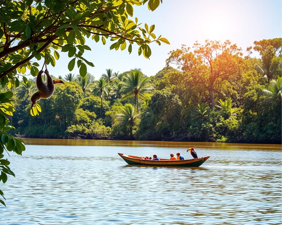 A serene scene in Tortuguero National Park, Costa Rica, showcasing sustainable travel practices. In the foreground, a small eco-friendly boat glides quietly on the still water, surrounded by lush, green foliage. The middle ground features a diverse group of wildlife, including a vibrant sloth hanging lazily from a tree and colorful toucans perched on branches. In the background, dense rainforest and mangroves stretch under a clear blue sky, while soft sunlight filters through the leaves, creating a warm, inviting atmosphere. Capture this natural beauty from a slightly elevated angle, emphasizing the harmony between travel and nature conservation, evoking a sense of tranquility and responsibility towards the environment.