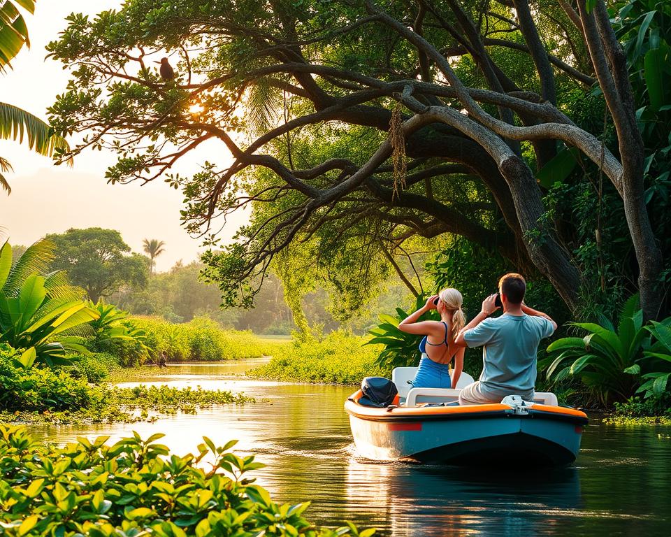 A serene scene in Tortuguero National Park, Costa Rica, showcasing the beauty of sustainable travel. In the foreground, a small eco-friendly boat glides gently through lush, green waterways, surrounded by vibrant tropical plants and wildlife. A couple of tourists in casual, modest clothing observe the rich biodiversity, with binoculars in hand, reflecting their commitment to nature conservation. In the middle ground, a canopy of diverse trees and vines creates a natural shelter, with hints of wildlife like monkeys and colorful birds peeking through. The background reveals a soft, misty layer of mountains under a warm, golden hue of early morning light, conveying a sense of peace and harmony. The atmosphere is calm and inviting, promoting the ethos of eco-tourism and wildlife protection.