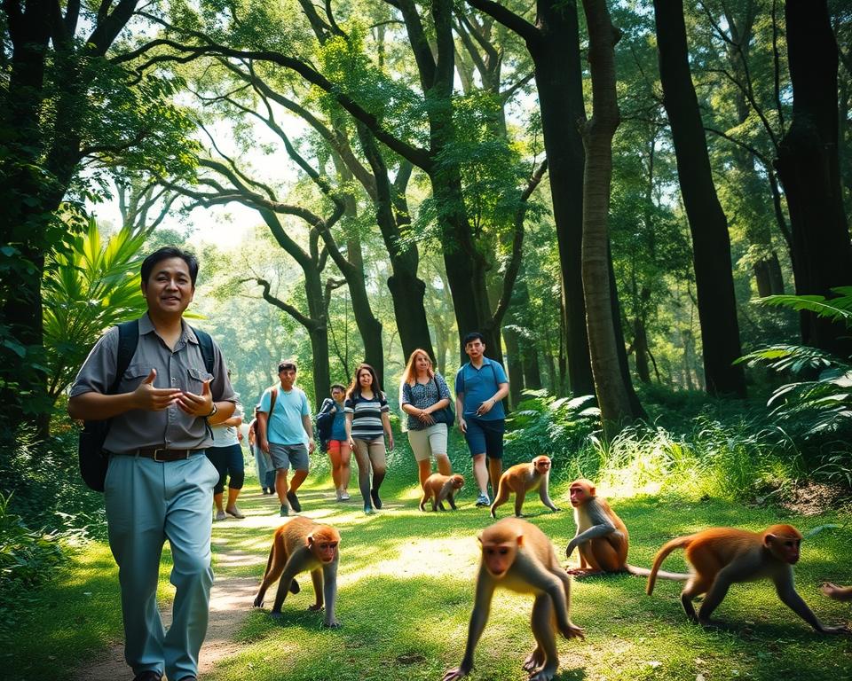 A serene scene in the Sangeh Monkey Forest, featuring a local guide leading a small group of tourists through lush, green pathways. The foreground captures the guide, dressed in modest casual clothing, animatedly explaining something to the captivated audience. The middle ground showcases playful monkeys interacting with the visitors, adding a touch of liveliness. In the background, towering trees with thick foliage create a dappled sunlight effect, casting gentle light on the forest floor. The atmosphere is warm and inviting, emphasizing the joy of exploration and the connection with nature. The shot is taken from a slightly low angle to enhance the grandeur of the trees and the playfulness of the monkeys, with a focus on the interaction between the guide and the tourists. A serene scene in the Sangeh Monkey Forest, featuring a local guide leading a small group of tourists through lush, green pathways. The foreground captures the guide, dressed in modest casual clothing, animatedly explaining something to the captivated audience. The middle ground showcases playful monkeys interacting with the visitors, adding a touch of liveliness. In the background, towering trees with thick foliage create a dappled sunlight effect, casting gentle light on the forest floor. The atmosphere is warm and inviting, emphasizing the joy of exploration and the connection with nature. The shot is taken from a slightly low angle to enhance the grandeur of the trees and the playfulness of the monkeys, with a focus on the interaction between the guide and the tourists.