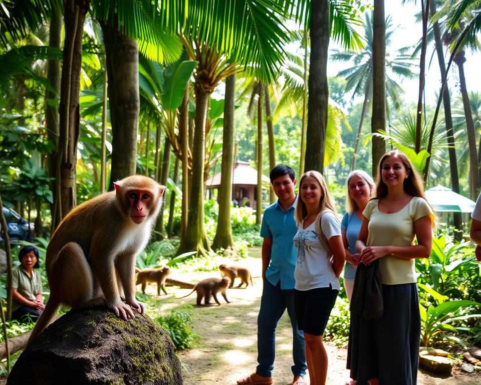 A serene scene in the Sangeh Monkey Forest, featuring a lush, green environment filled with tall tropical trees and dense foliage. In the foreground, a curious Balinese macaque gazes at the viewer, perched on a moss-covered stone. The middle ground showcases additional monkeys interacting playfully, while tourists dressed in modest casual clothing observe from a safe distance, smiling but maintaining a respectful space. Sunlight filters through the leaves, creating dappled lighting patterns on the forest floor, contributing to a peaceful, inviting atmosphere. The background is a blend of vibrant greenery and subtle hints of traditional Balinese architecture peeking through the trees, evoking a sense of tranquility and harmony with nature. A serene scene in the Sangeh Monkey Forest, featuring a lush, green environment filled with tall tropical trees and dense foliage. In the foreground, a curious Balinese macaque gazes at the viewer, perched on a moss-covered stone. The middle ground showcases additional monkeys interacting playfully, while tourists dressed in modest casual clothing observe from a safe distance, smiling but maintaining a respectful space. Sunlight filters through the leaves, creating dappled lighting patterns on the forest floor, contributing to a peaceful, inviting atmosphere. The background is a blend of vibrant greenery and subtle hints of traditional Balinese architecture peeking through the trees, evoking a sense of tranquility and harmony with nature.