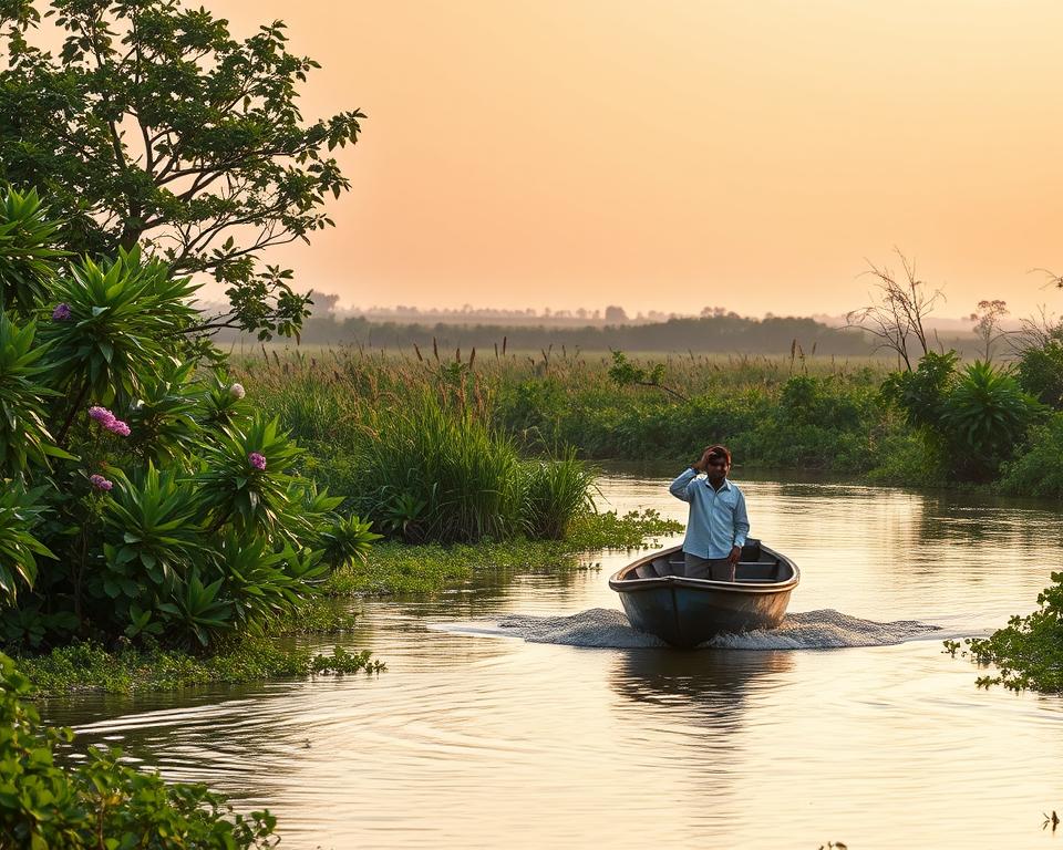 A serene scene in the Sundarbans, depicting a lush, green mangrove forest with winding waterways in the foreground. A small, sturdy boat glides calmly through the water, piloted by a local wearing casual, modest clothing, emphasizing the theme of preparation for adventure. In the middle, vibrant flora such as flowering plants and tall grasses sway gently in the wind, accompanied by distant silhouettes of wildlife, suggesting the area's rich biodiversity. The background features a soft, golden sunset casting warm light across the landscape, enhancing the tranquil atmosphere. The image should capture a sense of safety and health in nature, emphasized by clear skies and a peaceful ambiance, using a wide angle lens to convey depth while keeping the focus on the harmonious interaction between nature and human presence.