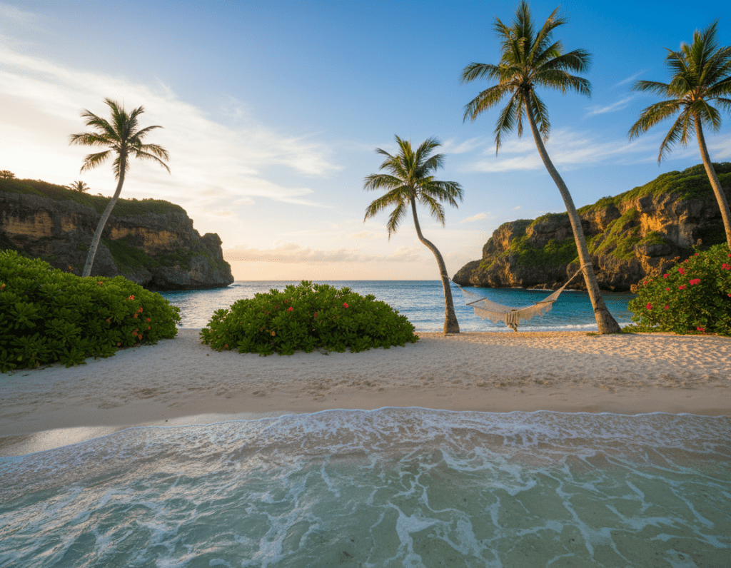 A serene scene of Aka Island in the Kerama Islands, showcasing its stunning natural beauty. In the foreground, gentle waves lap against pristine white sandy beaches, with a few tropical palm trees swaying lightly in the breeze. The middle ground features lush greenery and vibrant florals, with a cozy beach hammock suspended between two palms, inviting relaxation. In the background, the azure waters shimmer under the warm sunlight, while rugged cliffs frame the shoreline. A clear, bright blue sky transitions into soft wisps of clouds, creating a tranquil atmosphere. Capture this idyllic moment with a wide-angle lens, emphasizing the expansive beauty and peace of the island, bathed in golden hour light, evoking a sense of calm and retreat. A serene scene of Aka Island in the Kerama Islands, showcasing its stunning natural beauty. In the foreground, gentle waves lap against pristine white sandy beaches, with a few tropical palm trees swaying lightly in the breeze. The middle ground features lush greenery and vibrant florals, with a cozy beach hammock suspended between two palms, inviting relaxation. In the background, the azure waters shimmer under the warm sunlight, while rugged cliffs frame the shoreline. A clear, bright blue sky transitions into soft wisps of clouds, creating a tranquil atmosphere. Capture this idyllic moment with a wide-angle lens, emphasizing the expansive beauty and peace of the island, bathed in golden hour light, evoking a sense of calm and retreat.