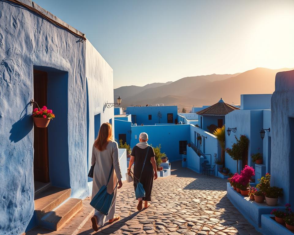 A serene scene of Chefchaouen, the Blue City of Morocco, showcasing its iconic blue-washed buildings nestled in the Rif Mountains. In the foreground, a couple dressed in modest, casual attire strolls together, admiring the architecture while carrying reusable bags, reflecting sustainable travel. The middle ground features narrow cobblestone streets adorned with vibrant flowers in pots, adding a splash of color to the blue surroundings. In the background, the majestic mountains create a stunning backdrop under a bright, clear sky. Soft, golden hour lighting bathes the scene, casting gentle shadows and creating a warm, inviting atmosphere. The overall mood is peaceful and vibrant, ideal for highlighting sustainable tourism in this enchanting location.