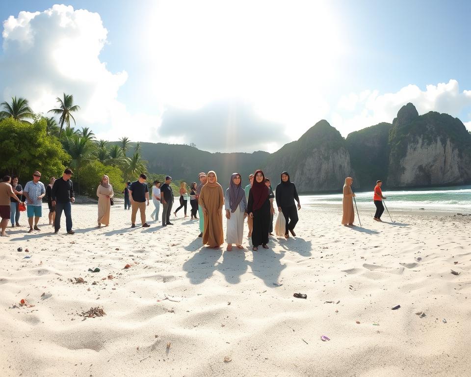 A serene scene of Diamond Beach on Nusa Penida, showcasing environmental conservation efforts. In the foreground, a diverse group of eco-conscious tourists, including a mix of men and women in modest attire, are participating in a beach clean-up, collecting plastic and debris from the sparkling sand. The middle ground features the iconic diamond-like black and white sands, bordered by lush tropical greenery and dramatic cliffs in the background. Soft, golden sunlight filters through fluffy clouds, casting a warm glow over the scene, enhancing the sense of peace and responsibility. The atmosphere is cheerful yet purposeful, embodying sustainable tourism and respect for nature. Capture the image with a wide-angle lens, showing the sweeping beauty of the beach while focusing on the community effort to protect it.