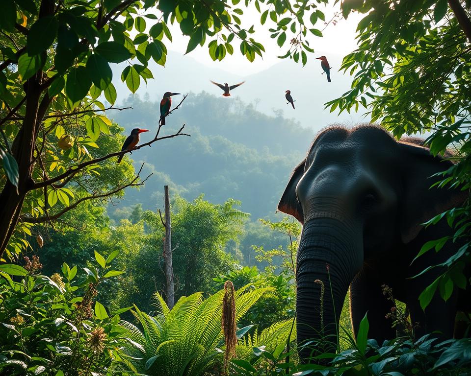 A serene scene of Khao Yai National Park in Thailand, showcasing lush green foliage and diverse wildlife in a rich, vibrant environment. In the foreground, a curious elephant peeks through the dense jungle, surrounded by ferns and wildflowers. In the middle ground, a variety of tropical birds, such as hornbills and kingfishers, flit among the branches. The background features mist-covered hills bathed in soft morning light, creating a tranquil atmosphere. The scene captures the lush biodiversity of the park, with dappled sunlight filtering through the leaves to highlight the intricate details of plants and animals. An inviting and peaceful mood prevails, embodying the essence of wildlife spotting in this iconic national park. A serene scene of Khao Yai National Park in Thailand, showcasing lush green foliage and diverse wildlife in a rich, vibrant environment. In the foreground, a curious elephant peeks through the dense jungle, surrounded by ferns and wildflowers. In the middle ground, a variety of tropical birds, such as hornbills and kingfishers, flit among the branches. The background features mist-covered hills bathed in soft morning light, creating a tranquil atmosphere. The scene captures the lush biodiversity of the park, with dappled sunlight filtering through the leaves to highlight the intricate details of plants and animals. An inviting and peaceful mood prevails, embodying the essence of wildlife spotting in this iconic national park.