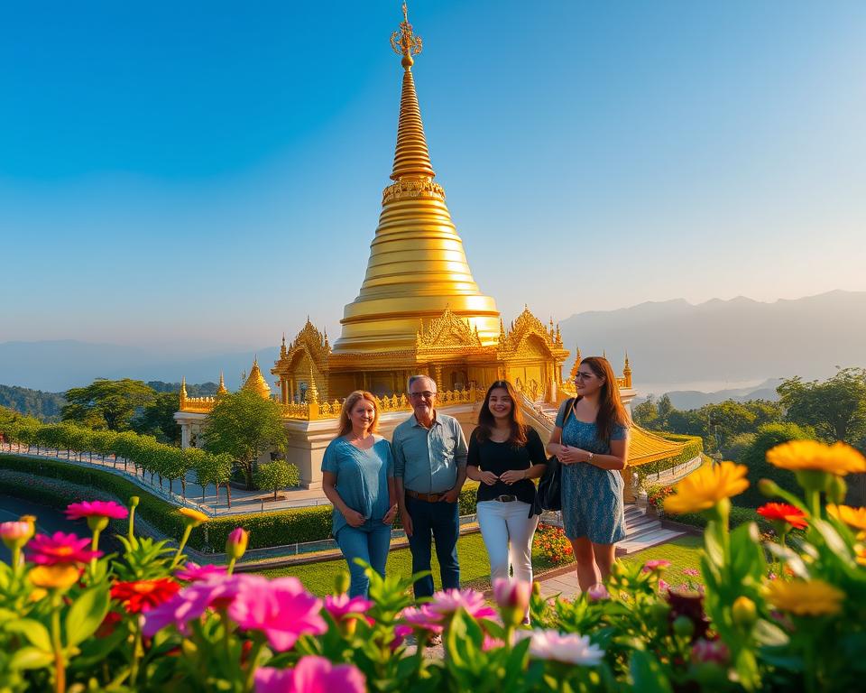 A serene scene of Wat Phra That Doi Suthep in Chiang Mai, Thailand, showcasing its intricate golden stupa surrounded by lush greenery. In the foreground, include vibrant flowers and traditional Thai offerings, creating a colorful contrast. The middle ground features tourists admiring the temple, dressed in modest casual clothing, with smiles and expressions of awe, embodying a sense of peace and exploration. The background displays a hazy mountain landscape under a clear blue sky. The lighting should be warm, capturing the golden hour glow, accentuating the temple's ornate details and the tranquility of the setting. Angle the view slightly upwards for a grand perspective of the temple against the beautiful nature surrounding it, evoking a sense of spiritual adventure and budget-friendly exploration.