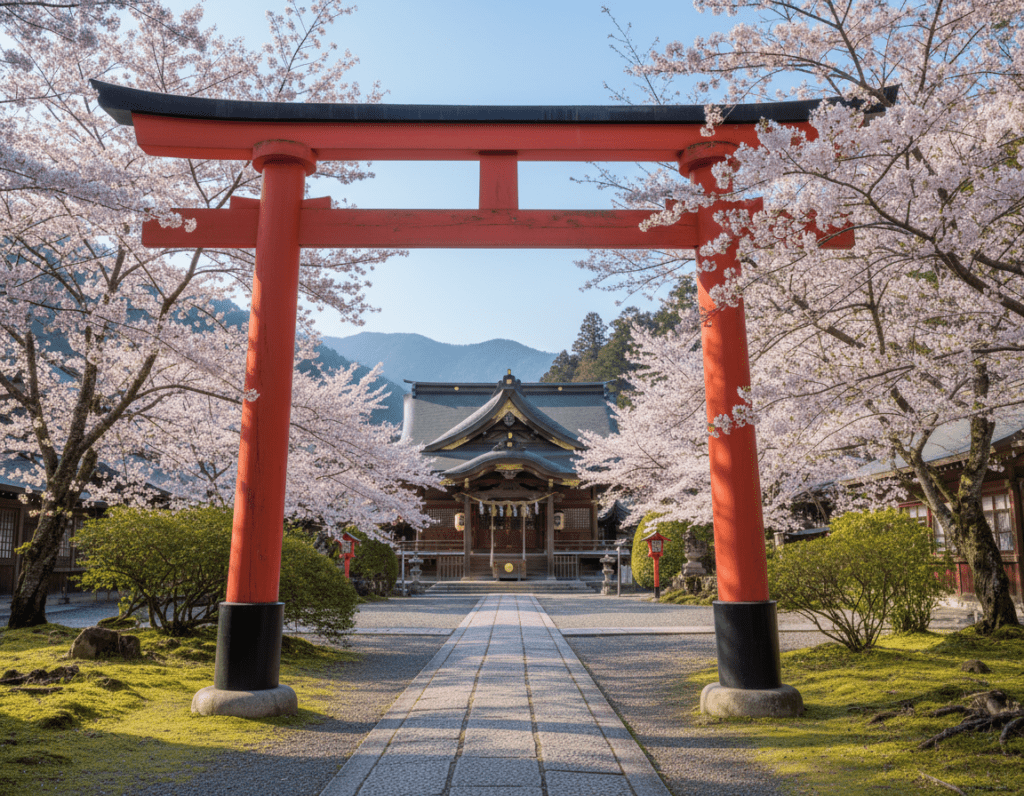 A serene scene of a Kyoto shrine, surrounded by lush greenery and cherry blossom trees in full bloom. In the foreground, a traditional red torii gate stands proudly at the entrance, symbolizing the transition to a sacred space. The middle ground features a beautifully crafted wooden shrine adorned with intricate details, its roof curving gracefully. Soft, diffused morning light filters through the trees, casting gentle shadows on the ground, creating a tranquil atmosphere. In the background, misty mountains subtly rise against a clear blue sky, enhancing the depth of the landscape. Capture this scene with a wide-angle lens to emphasize the grandeur of the architecture and nature, evoking a sense of peace and spirituality in the heart of old Japan.