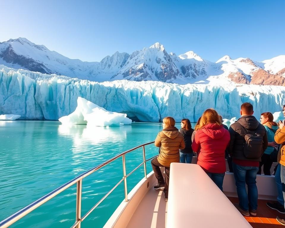 A serene scene of a boat tour near the Perito Moreno Glacier in Argentina, showcasing a small group of tourists wearing casual, stylish outdoor clothing, gazing in awe at the massive ice formations. In the foreground, the boat gently floats on turquoise glacial waters, reflecting brilliant shades of blue. The middle section features tourists admiring the glacier, with large icebergs floating nearby. In the background, the towering, jagged cliffs of the glacier rise dramatically, some areas glinting under the sunlight. The atmosphere is tranquil yet awe-inspiring, with brilliant clear skies and soft, golden hour lighting casting warm shadows. The angle captures a wide view, emphasizing the scale of the glacier in relation to the boat and the people.