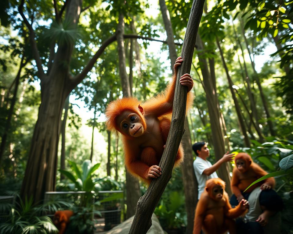 A serene scene of a young Orangutan in a lush tropical nursery at Sepilok, Malaysia. In the foreground, a playful baby Orangutan is climbing a thick branch, its vibrant orange fur contrasting with the rich green foliage. In the middle ground, a caretaker gently interacts with other young Orangutans, showcasing a nurturing environment. The background features tall, dense rainforest trees and dappled sunlight filtering through the leaves, creating a warm and inviting atmosphere. The lighting is soft, highlighting the curious expressions of the Orangutans. The angle is slightly elevated, offering a dynamic view of the nursery's layout. The overall mood conveys warmth, care, and a connection to nature in this protective environment for the young primates.