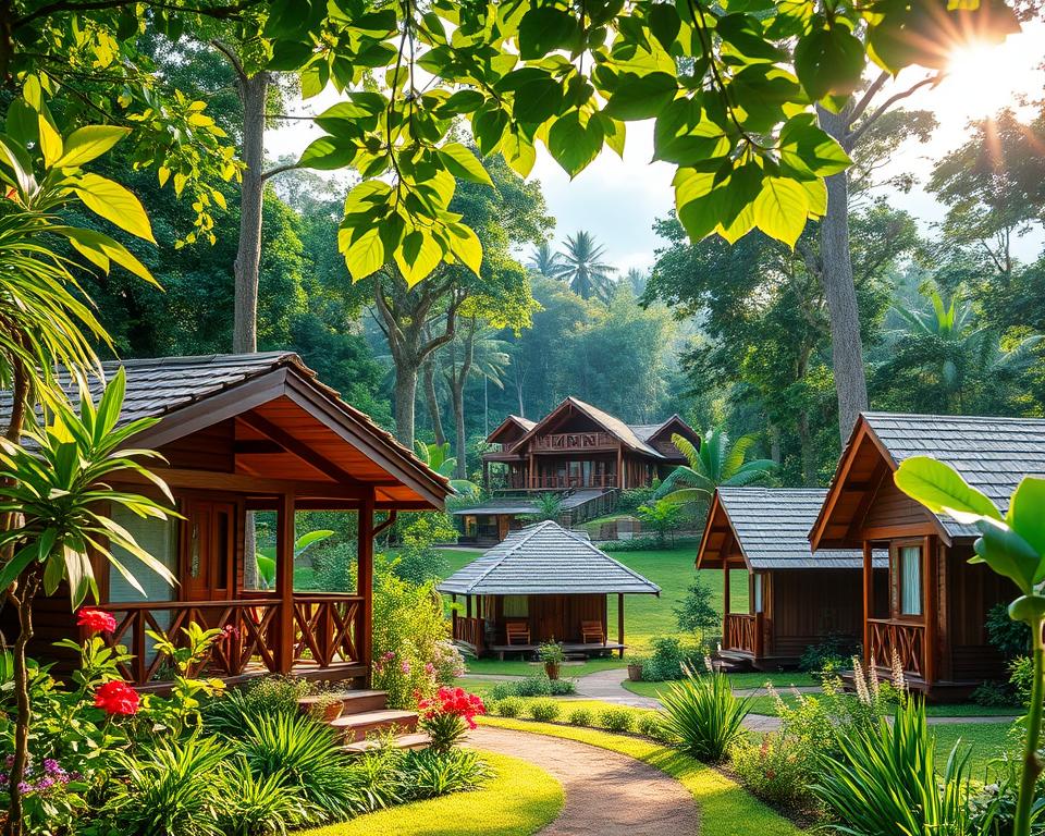 A serene scene of accommodations in Sepilok, Malaysia, showcasing a variety of lodgings nestled in a lush tropical rainforest. In the foreground, a quaint wooden chalet surrounded by vibrant greenery and colorful flowers, with a comfortable porch offering a view of the natural beauty. In the middle ground, a small cluster of eco-friendly lodges harmonizing with the surroundings, featuring thatched roofs and large windows to invite natural light inside. The background showcases towering trees and the distant silhouette of the Sepilok Rehabilitation Centre, with gentle sunlight filtering through the leaves, creating a warm and inviting atmosphere. Capture the peaceful mood and essence of eco-tourism in this exotic location, with soft, natural lighting suggesting an early morning or late afternoon. The image should be crisp and vibrant, highlighting both the accommodations and the surrounding nature.