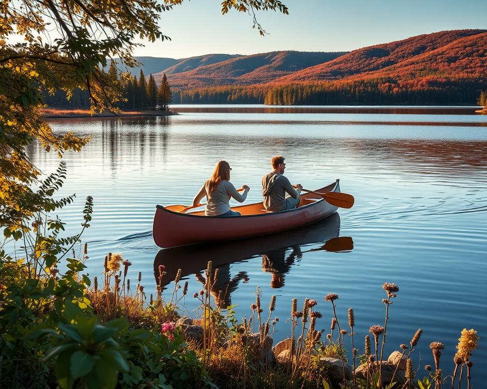 A serene scene of canoeing on the tranquil lakes of Algonquin Provincial Park during a golden hour, with soft sunlight filtering through the trees. In the foreground, two people in modest casual attire paddle a canoe smoothly across the glassy water, their reflections shimmering beneath them. The middle ground features lush green foliage and a scattering of wildflowers along the shoreline, evoking a sense of wilderness and adventure. In the background, gentle hills rise, covered in a rich tapestry of autumn colors, with a clear blue sky above. The atmosphere is peaceful and inviting, capturing the essence of exploration and connection with nature. The composition is framed from a low angle, highlighting the canoeists and the surrounding beauty, with a warm, inviting light that enhances the tranquil mood.