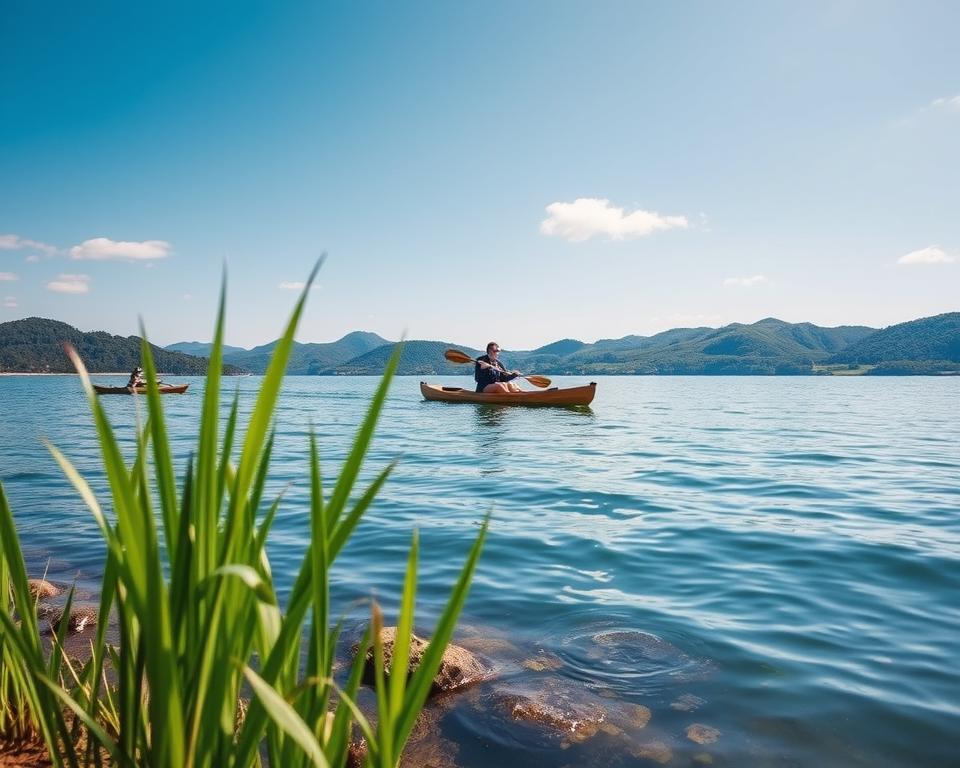 A serene scene of kayaking on the pristine Weißes Meer in bright daylight, showcasing a single wooden kayak gliding across the calm blue waters. In the foreground, include vibrant green reeds gently swaying along the shoreline, with a few small rocks partially protruding from the water. The middle ground highlights the kayaker, a person in a modest, professional attire, paddling smoothly, reflecting concentration and enjoyment. The background features lush hills and a clear sky, with soft, wispy clouds casting gentle shadows over the landscape. Utilize natural lighting to accentuate the shimmering water and the vivid colors of the surrounding nature. Capture the mood of adventure and tranquility, emphasizing the natural beauty and the sense of exploration in this idyllic environment. A serene scene of kayaking on the pristine Weißes Meer in bright daylight, showcasing a single wooden kayak gliding across the calm blue waters. In the foreground, include vibrant green reeds gently swaying along the shoreline, with a few small rocks partially protruding from the water. The middle ground highlights the kayaker, a person in a modest, professional attire, paddling smoothly, reflecting concentration and enjoyment. The background features lush hills and a clear sky, with soft, wispy clouds casting gentle shadows over the landscape. Utilize natural lighting to accentuate the shimmering water and the vivid colors of the surrounding nature. Capture the mood of adventure and tranquility, emphasizing the natural beauty and the sense of exploration in this idyllic environment.