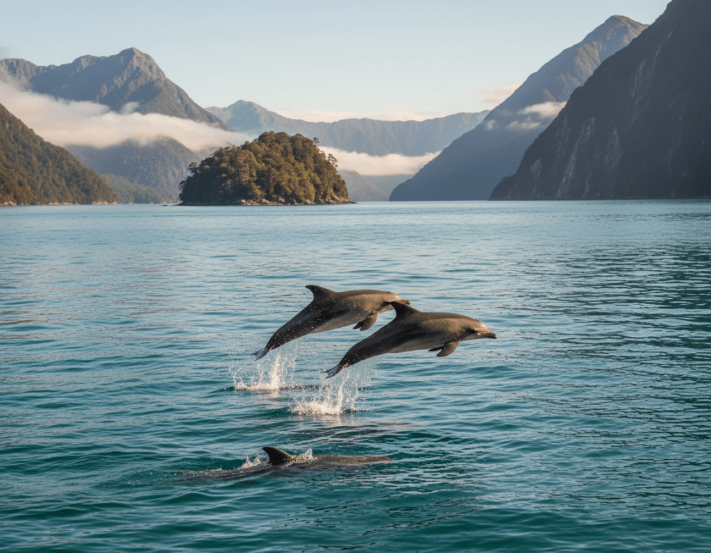 A serene scene of playful dolphins swimming gracefully in the clear, turquoise waters of Doubtful Sound, New Zealand. In the foreground, a couple of dolphins leap joyfully above the water, their sleek bodies glistening under the warm sunlight. The middle ground features a glimpse of rugged, mist-covered mountains rising steeply from the shoreline, with patches of lush greenery clinging to the cliffs. The background showcases a tranquil bay, with gentle ripples reflecting the soft hues of a clear blue sky. The atmosphere is peaceful and inviting, capturing the essence of the breathtaking wildlife and natural beauty found in this remote location. The image is infused with natural lighting that enhances the vibrant colors of the water and the dolphins, providing a vivid portrayal of life in Doubtful Sound.