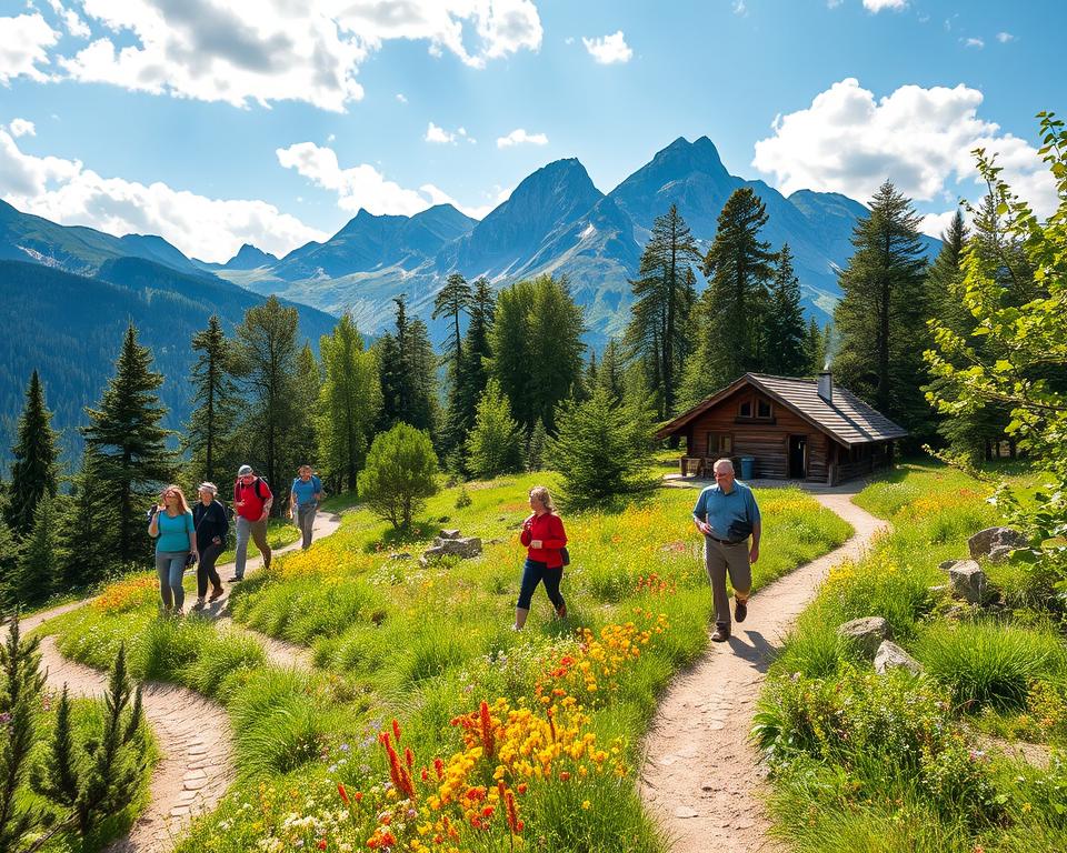 A serene scene of sustainable hiking in the Tirol region, showcasing a winding mountain trail adorned with vibrant wildflowers and lush greenery. In the foreground, a diverse group of hikers in modest, casual clothing is walking carefully, leaving minimal impact on the pristine environment. In the middle ground, an inviting wooden hut, reminiscent of the Olpererhütte, is nestled among the trees, with smoke gently rising from its chimney. The majestic mountains loom in the background, under a bright blue sky with scattered clouds. Soft sunlight filters through the trees, casting dappled shadows on the path. The atmosphere is tranquil and harmonious, emphasizing the connection between nature and responsible outdoor adventures.