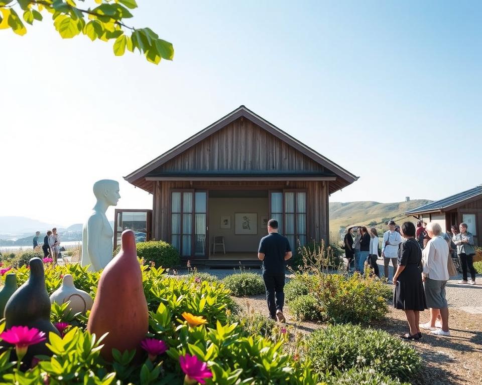 A serene scene of the Art House Project Naoshima, showcasing traditional Japanese houses transformed into art installations. In the foreground, vibrant sculptures blend harmoniously with the lush greenery. The middle features a historical wooden house displaying contemporary artworks, its sliding doors slightly open to reveal a glimpse of a minimalist interior. Visitors in modest casual clothing admire the art, engaging with the environment. The background displays the island's gentle hills under a bright, clear blue sky, with soft afternoon sunlight illuminating the scene. The atmosphere is tranquil and contemplative, inviting exploration and discovery. Use a wide-angle lens for an expansive view, capturing the essence of art integrated into the landscape.