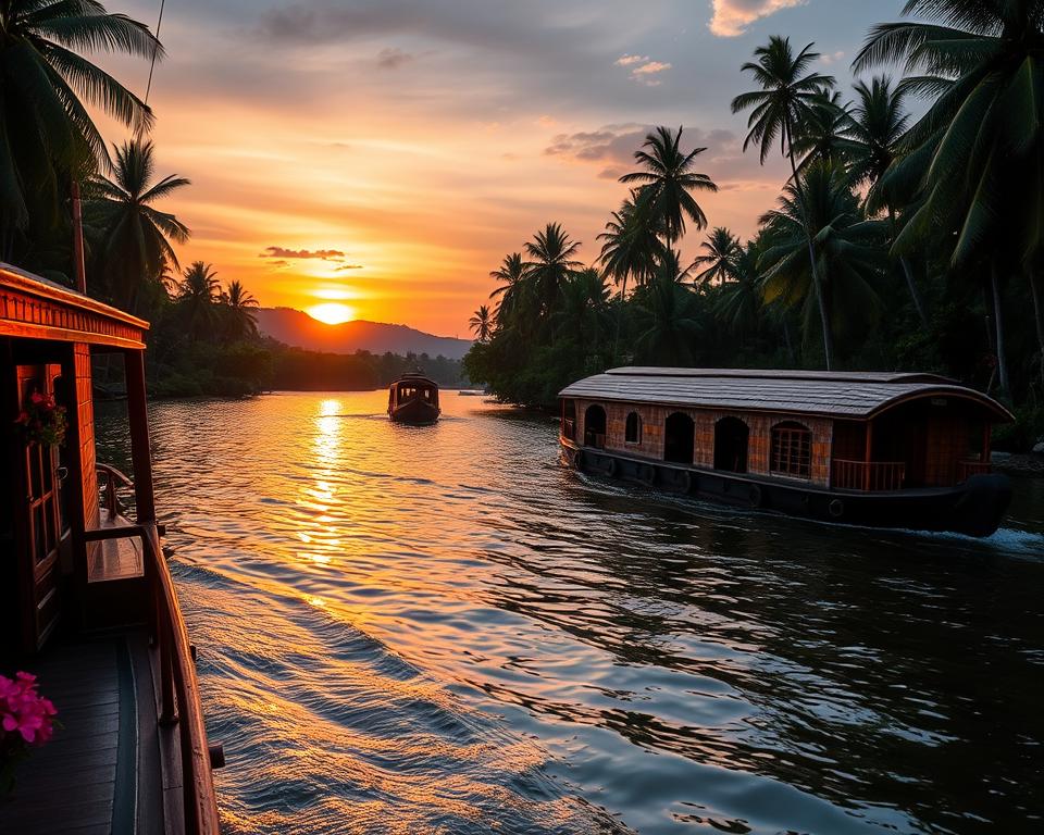 A serene scene of the Kerala backwaters at sunset, showcasing traditional houseboats gently gliding through the tranquil waters, surrounded by lush greenery and palm trees. In the foreground, a well-maintained houseboat with an elegant wooden structure, featuring a small deck and vibrant flowers adorning the sides. The middle ground displays gentle ripples in the water reflecting the warm hues of the setting sun, creating a soft, golden shimmer. In the background, the dense tropical vegetation frames the landscape, with the silhouette of distant hills under a colorful sky. The atmosphere is calm and inviting, evoking a sense of peace and adventure. The lighting is warm and soft, capturing the magic of twilight in Kerala's iconic backwaters.