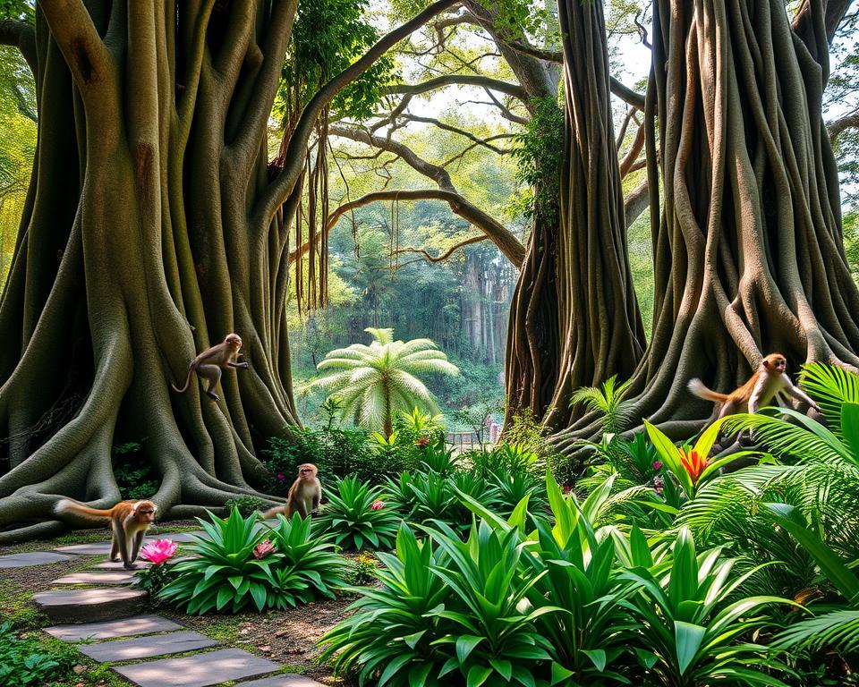 A serene scene of the Sangeh Monkey Forest in Bali, Indonesia, capturing playful monkeys in the foreground, interacting with lush green vegetation. The monkeys are climbing gracefully among ancient trees, showcasing their agility. In the middle ground, tropical plants with vibrant flowers enhance the richness of the landscape, intermixed with stone pathways that invite exploration. The background features towering trees with thick, intertwined roots, creating a mystical atmosphere, dappled sunlight filtering through the leaves, casting intricate shadows on the ground. The overall mood is tranquil yet lively, conveying the harmony between nature and wildlife. The image should be captured with a slight tilt from a low angle, emphasizing the grandeur of the trees, using a soft focus blur on the edges to draw attention to the monkeys at play. A serene scene of the Sangeh Monkey Forest in Bali, Indonesia, capturing playful monkeys in the foreground, interacting with lush green vegetation. The monkeys are climbing gracefully among ancient trees, showcasing their agility. In the middle ground, tropical plants with vibrant flowers enhance the richness of the landscape, intermixed with stone pathways that invite exploration. The background features towering trees with thick, intertwined roots, creating a mystical atmosphere, dappled sunlight filtering through the leaves, casting intricate shadows on the ground. The overall mood is tranquil yet lively, conveying the harmony between nature and wildlife. The image should be captured with a slight tilt from a low angle, emphasizing the grandeur of the trees, using a soft focus blur on the edges to draw attention to the monkeys at play.
