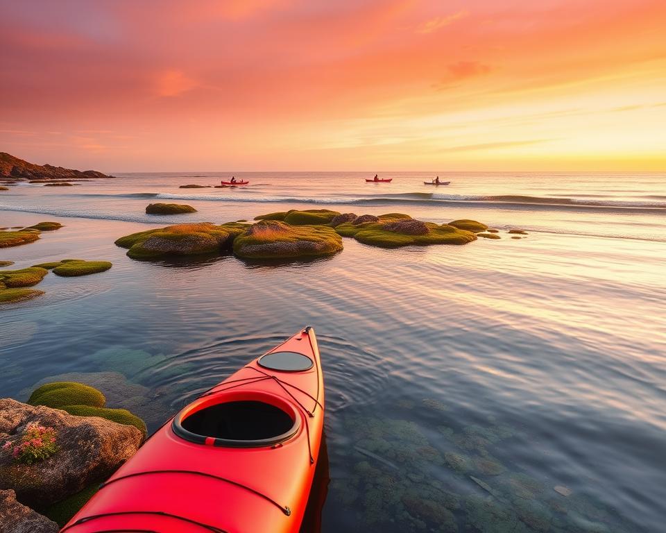A serene scene of the Swedish archipelago, showcasing a vibrant, lush coastline with smooth, rocky shores. In the foreground, a bright red kayak sits on calm, crystalline waters, gently reflecting the light of a soft, golden sunset. Surrounding the kayak, clusters of green and moss-covered islands can be seen, dotted with tufts of wildflowers. In the middle ground, a few distant kayakers paddle leisurely amidst peaceful waves, embodying a spirit of exploration. The background reveals the expansive sky painted in warm hues of orange, pink, and lavender, blending seamlessly with the tranquil sea. The atmosphere is calm and inviting, evoking a sense of adventure and connection with nature. The image is taken from a slightly elevated angle, enhancing the picturesque landscape.