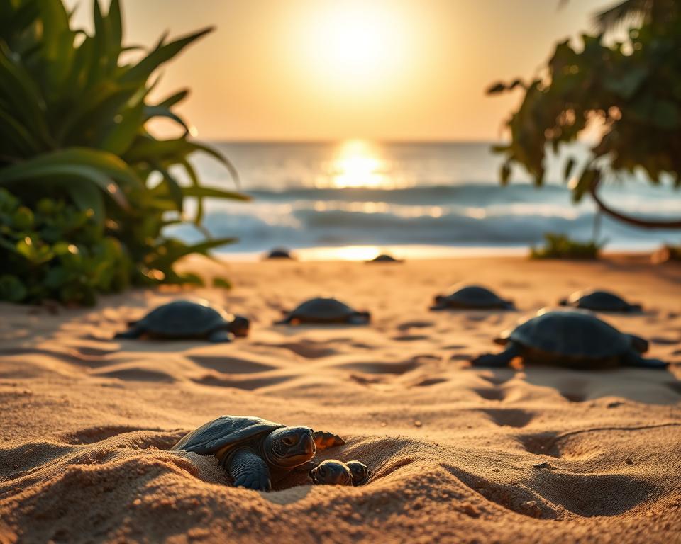 A serene scene of turtles nesting on the sandy shores of Tortuguero National Park in Costa Rica. In the foreground, a mother sea turtle is seen carefully digging a nest in the golden sand, with small hatchlings peeking out. The middle ground features lush green tropical vegetation and silhouettes of other turtles in the background, with some tracks leading toward the ocean. The ocean glistens under the soft, warm light of a setting sun, casting a golden hue across the scene. The atmosphere is tranquil and reflective, evoking a sense of responsibility in wildlife conservation. Capture this moment from a low angle to emphasize the turtles and the surrounding beauty, without any text or distractions.