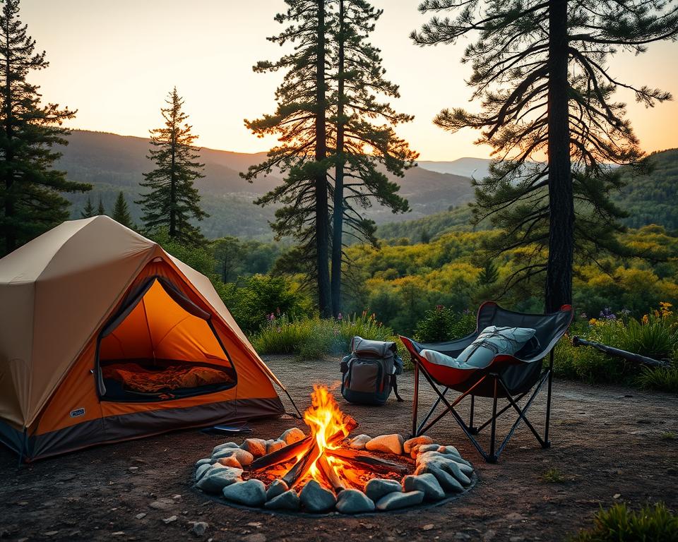 A serene scene of wild camping in a Swedish national park during early evening. In the foreground, a small, cozy tent with a warm glow emanating from its entrance, surrounded by a circle of smooth stones and a crackling campfire. A comfortable camping chair is nearby, partially filled with camping gear like a backpack and a thermos. The middle ground features tall, majestic pine trees, their silhouettes framed against the soft hues of a sunset. In the background, gentle hills roll away, blanketed in vibrant green foliage and colorful wildflowers. The landscape is bathed in warm golden light, creating a peaceful, inviting atmosphere. The image should evoke a sense of tranquility and the beauty of nature, ideal for illustrating the essence of wild camping in Sweden.