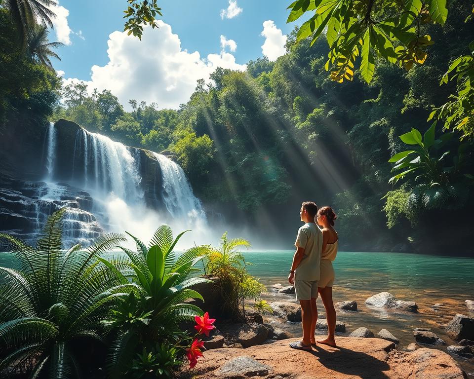 A serene scene showcasing a stunning waterfall in Bali, surrounded by lush tropical greenery. In the foreground, water cascades over rocky ledges, creating a misty spray that glimmers in soft sunlight. The middle ground features a vibrant array of ferns and exotic flowers, adding splashes of color. In the background, dense jungle foliage extends to meet a clear blue sky dotted with fluffy white clouds. The lighting is warm and inviting, with rays of sunlight piercing through the leaves, casting dappled shadows on the water’s surface. A couple, dressed in modest casual clothing, is observing the magnificent view, conveying a sense of wonder and tranquility. The overall atmosphere is peaceful and enchanting, perfectly capturing the essence of Bali’s natural beauty. A serene scene showcasing a stunning waterfall in Bali, surrounded by lush tropical greenery. In the foreground, water cascades over rocky ledges, creating a misty spray that glimmers in soft sunlight. The middle ground features a vibrant array of ferns and exotic flowers, adding splashes of color. In the background, dense jungle foliage extends to meet a clear blue sky dotted with fluffy white clouds. The lighting is warm and inviting, with rays of sunlight piercing through the leaves, casting dappled shadows on the water’s surface. A couple, dressed in modest casual clothing, is observing the magnificent view, conveying a sense of wonder and tranquility. The overall atmosphere is peaceful and enchanting, perfectly capturing the essence of Bali’s natural beauty.
