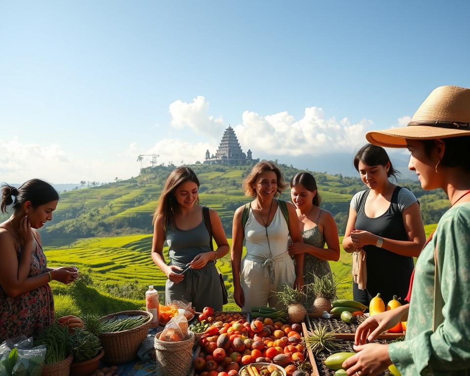 A serene scene showcasing sustainable travel in Bali, featuring a group of four environmentally conscious tourists, dressed in modest casual clothing, engaging with local artisans at a vibrant market. In the foreground, colorful handmade crafts and fresh produce reflect the island's cultural richness. The middle ground reveals lush green rice terraces, symbolizing eco-friendly agriculture practices. In the background, the majestic Besakih Temple perched on a hilltop, surrounded by a clear blue sky and soft, fluffy clouds. The lighting is warm and inviting, reminiscent of a late afternoon sun casting gentle shadows that enhance the tranquil atmosphere of responsible tourism. The overall mood conveys harmony between nature and local culture, encouraging mindful exploration.