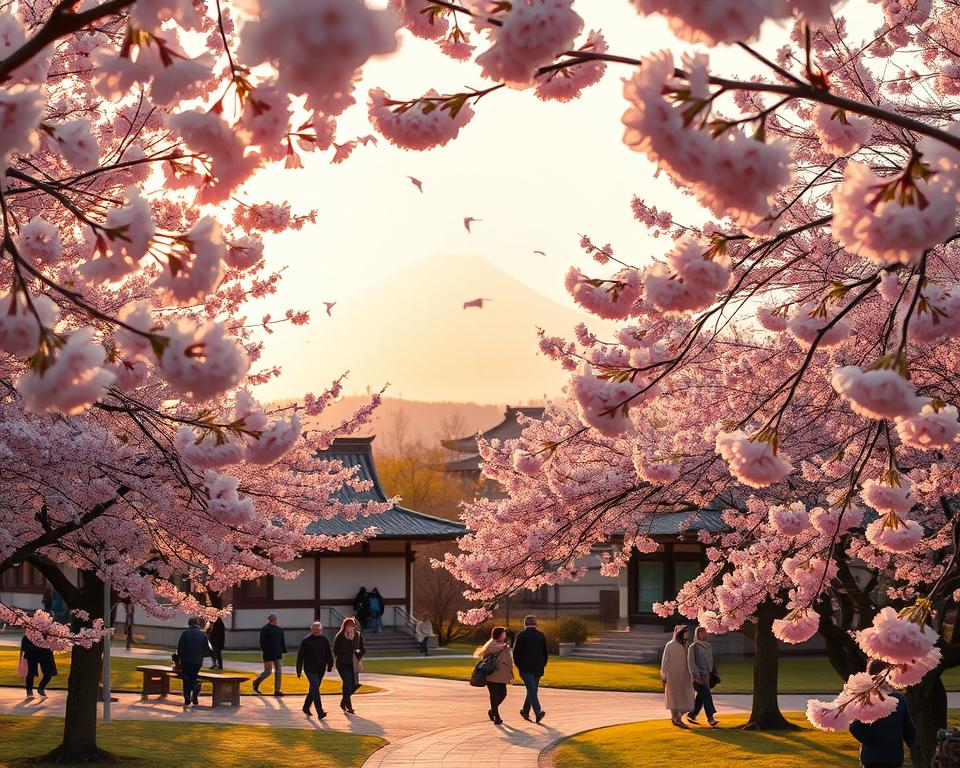 A serene scene showcasing the iconic cherry blossoms (Kirschblüte) in Tokyo during springtime. In the foreground, delicate pink cherry blossom trees in full bloom frame the image, their petals gently falling like soft snowflakes. In the midground, a tranquil park setting with people leisurely strolling, dressed in light spring clothing, enjoying the beauty of the blossoms. In the background, traditional Japanese architecture is visible, with a glimpse of Mount Fuji peeking through the soft morning mist. The lighting is warm and golden, reminiscent of a sunrise, casting a dreamy glow across the landscape. The atmosphere is peaceful and joyful, evoking the spirit of spring as visitors embrace the cherry blossom season. The photo is taken with a wide-angle lens at eye level, capturing both detail and the expansive beauty of the scene.