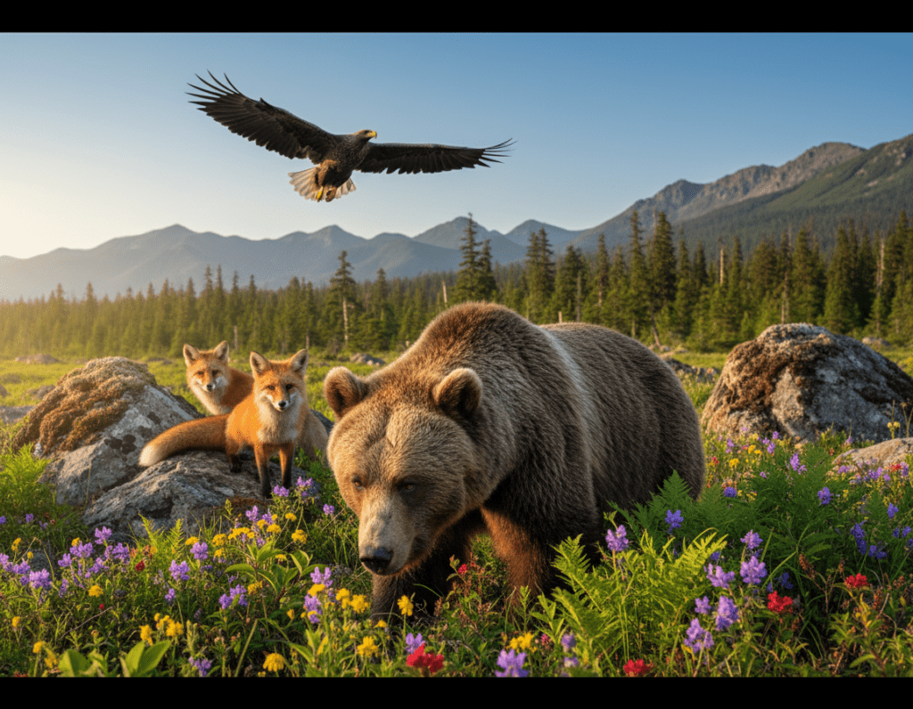 A serene scene within Shiretoko National Park, showcasing a majestic brown bear (braunbär) in the foreground, foraging among lush greenery and vibrant wildflowers. The bear, with thick brown fur, appears calm and focused on its surroundings. In the middle ground, a few playful red foxes peek curiously from behind rocky outcrops. Above, a soaring sea eagle glides gracefully against a clear blue sky, casting a gentle shadow over the scene. The background features the lush, dense forests and distant mountains of Shiretoko, bathed in warm, golden sunlight, creating a peaceful atmosphere. The image captures the essence of wildlife in harmony, highlighting the beauty of nature.