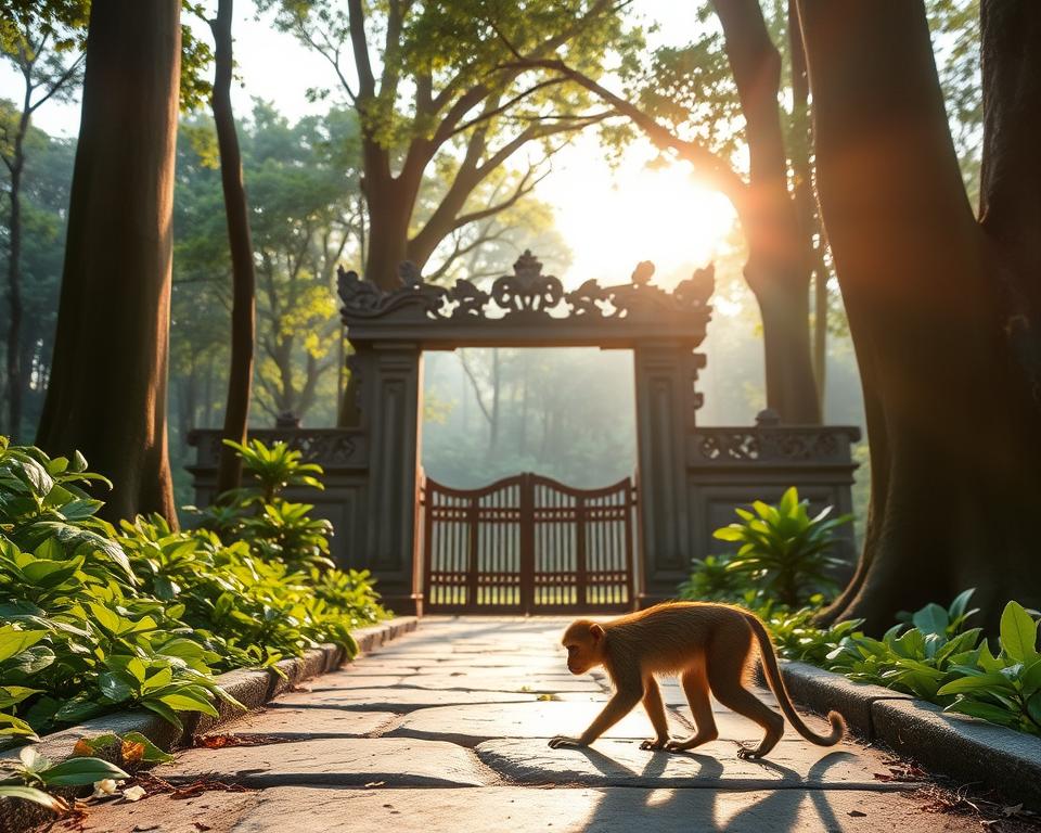 A serene scene within the Sangeh Monkey Forest, capturing the essence of nature and wildlife. In the foreground, a curious long-tailed macaque monkey explores a stone path adorned with vibrant green leaves and scattered flowers. The middle ground features a traditional Balinese gate, intricately carved, leading deeper into the lush forest. Towering trees frame the scene, their sunlight-dappled foliage creating a calm and inviting atmosphere. In the background, glimpses of the forest's dense canopy extend towards the horizon, with soft rays of sunlight filtering through. The overall mood is peaceful and inviting, highlighting the natural beauty of the monkey forest. The image is bathed in warm, golden light to evoke a sense of tranquility and wonder, with a slight depth of field focus on the monkey. A serene scene within the Sangeh Monkey Forest, capturing the essence of nature and wildlife. In the foreground, a curious long-tailed macaque monkey explores a stone path adorned with vibrant green leaves and scattered flowers. The middle ground features a traditional Balinese gate, intricately carved, leading deeper into the lush forest. Towering trees frame the scene, their sunlight-dappled foliage creating a calm and inviting atmosphere. In the background, glimpses of the forest's dense canopy extend towards the horizon, with soft rays of sunlight filtering through. The overall mood is peaceful and inviting, highlighting the natural beauty of the monkey forest. The image is bathed in warm, golden light to evoke a sense of tranquility and wonder, with a slight depth of field focus on the monkey.